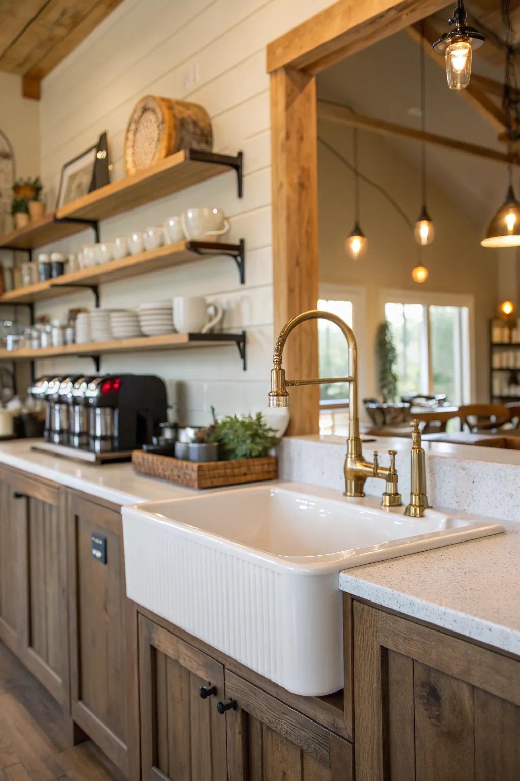 Blend rustic and modern elements with a farmhouse-style sink, creating a cozy yet contemporary coffee bar.