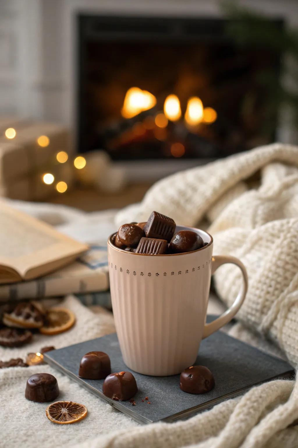 Indulge in a sweet surprise with chocolates nestled in a charming mug.