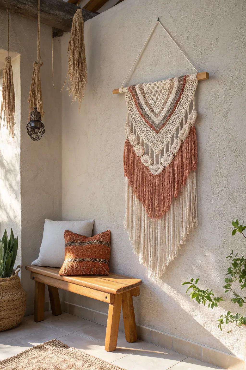 Dive into boho vibes with a fringe-filled wall hanging that's all about texture and color.