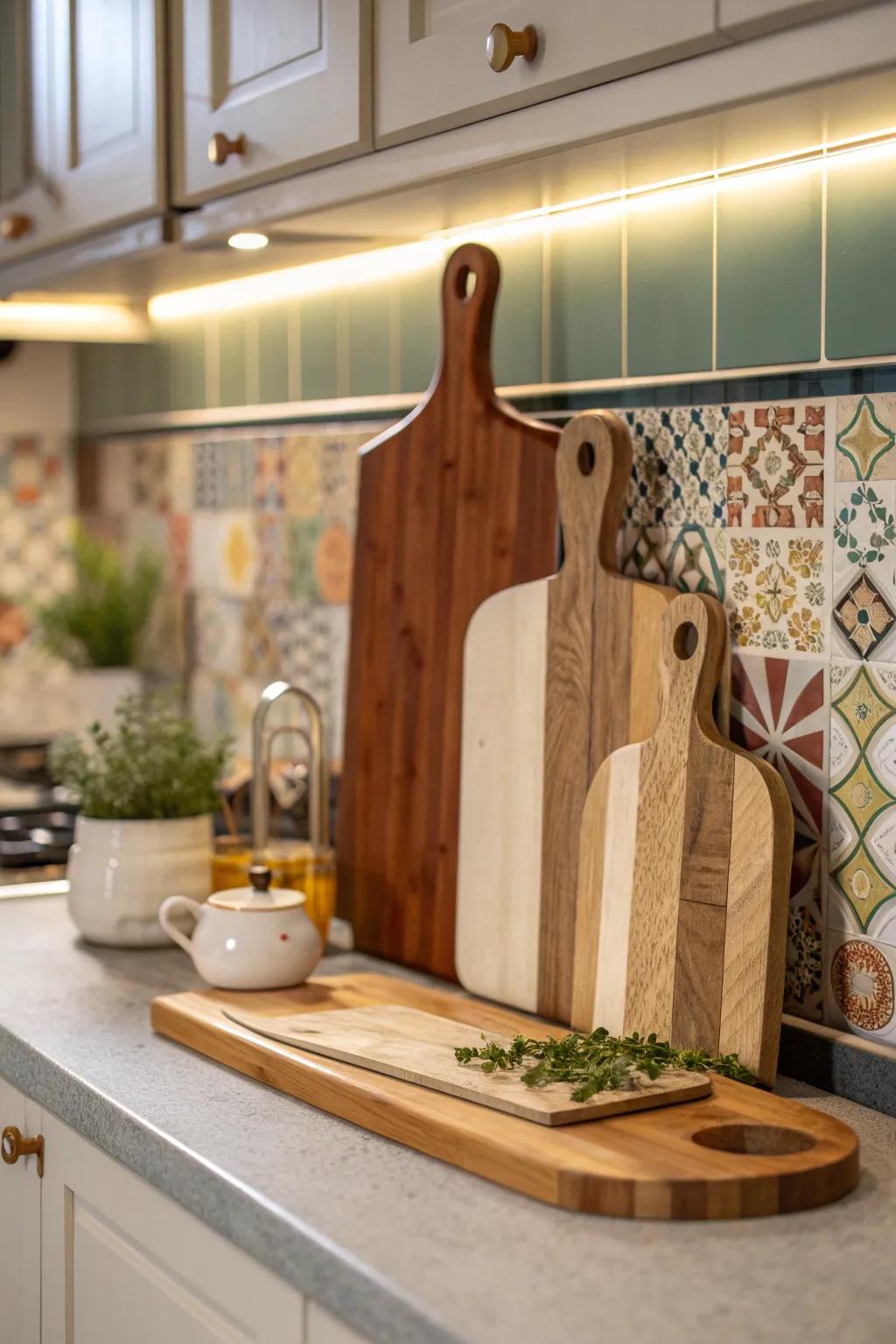 Layering cutting boards adds a rustic charm to your kitchen, making it feel cozy and inviting.