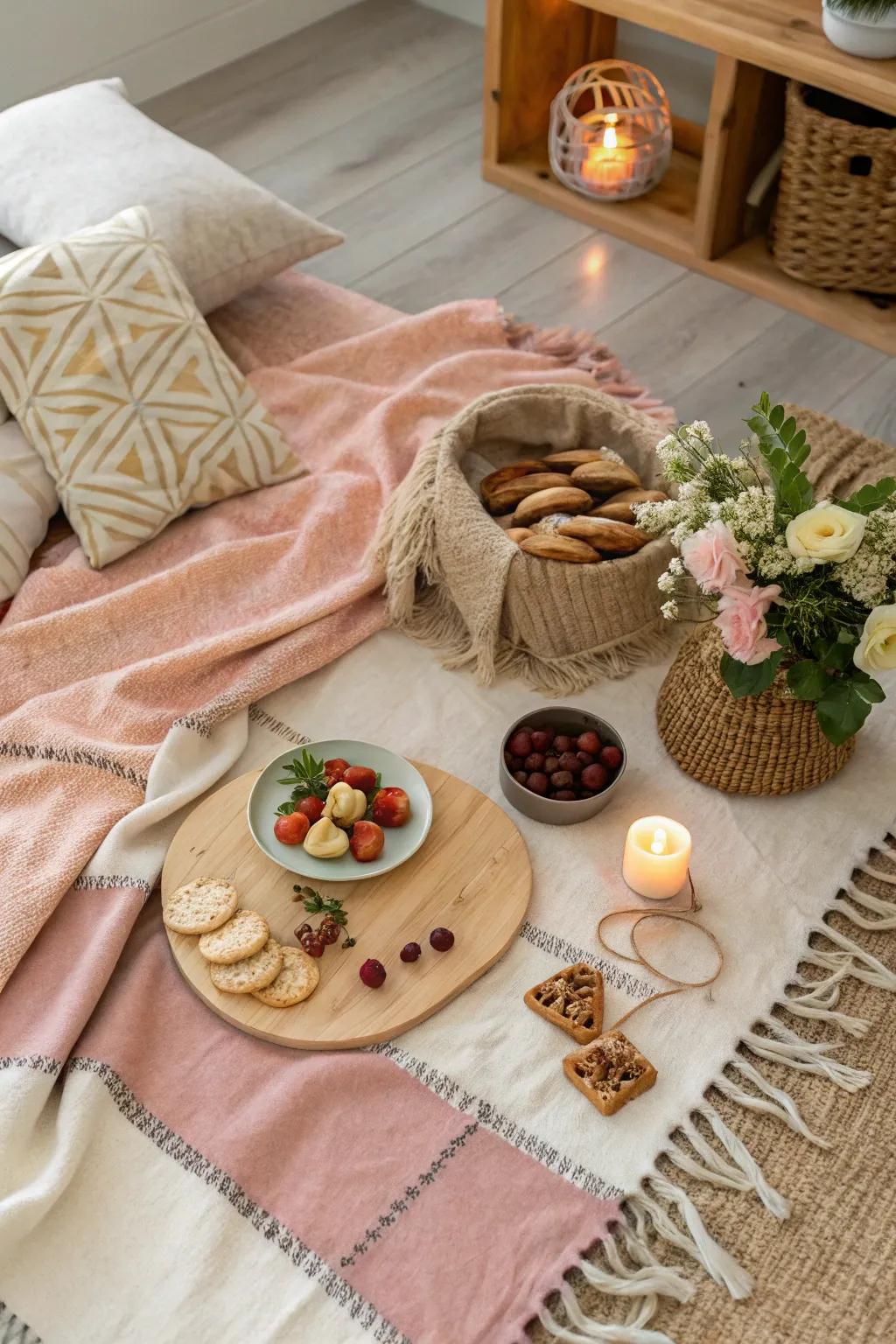 Create a charming indoor picnic with cozy blankets and delicious treats.
