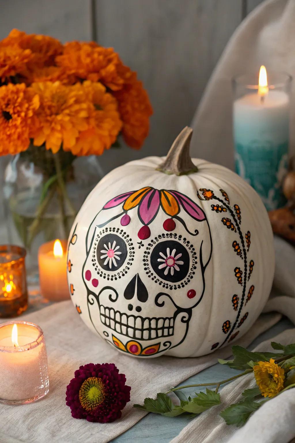Capture the essence of Día de los Muertos with a beautifully painted sugar skull pumpkin.