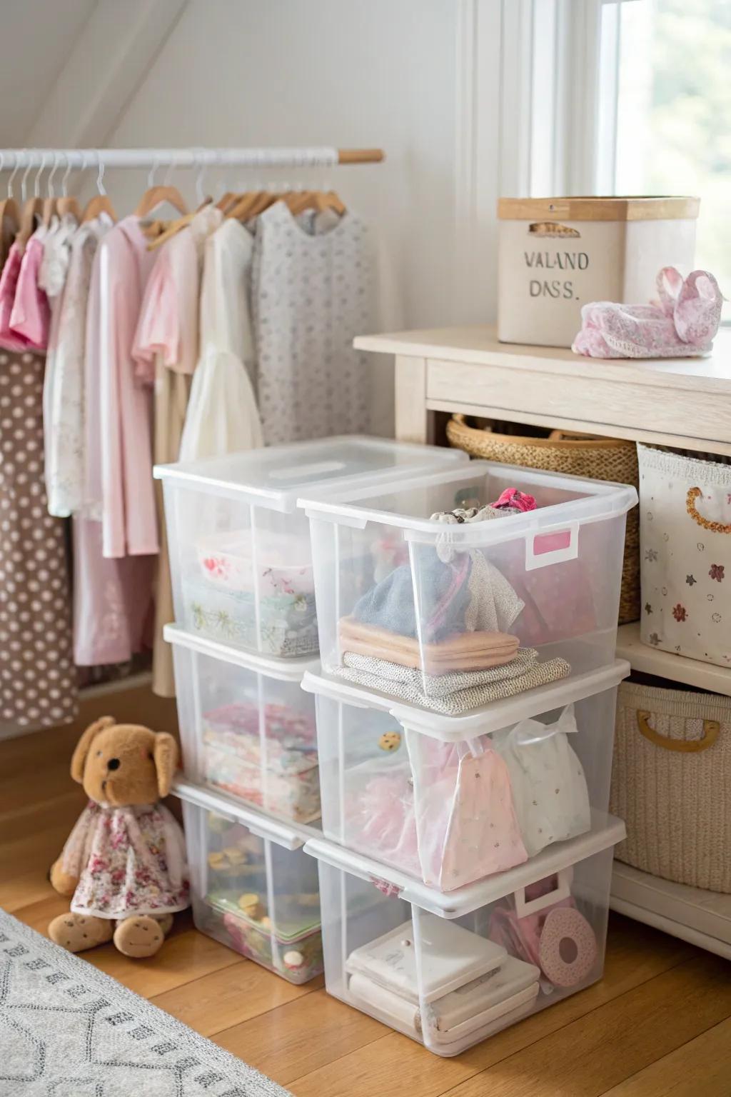 See-through storage bins keep your doll's wardrobe organized and easy to access.