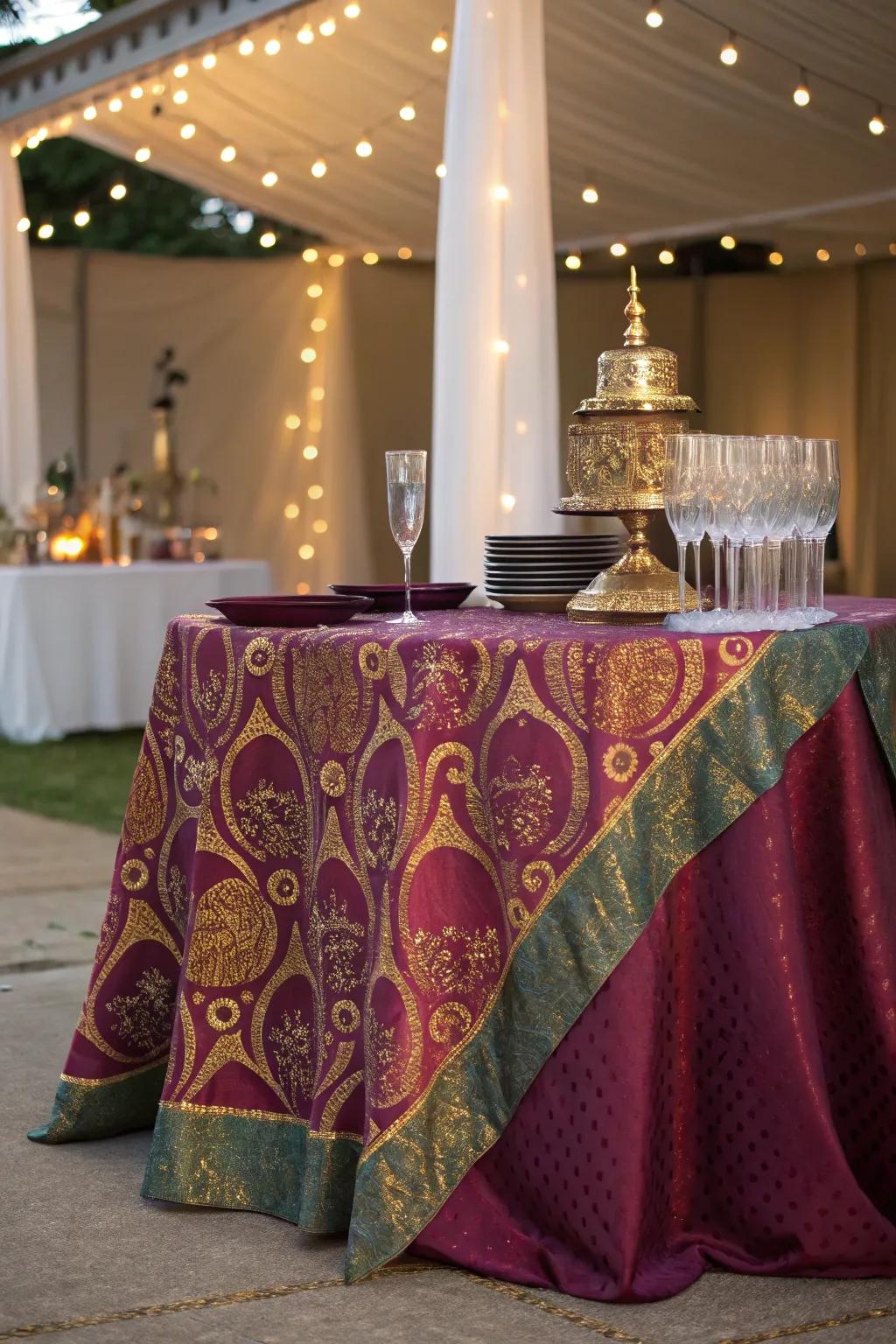 A vibrant tablecloth brings life to your drink table, creating an inviting atmosphere for your guests.