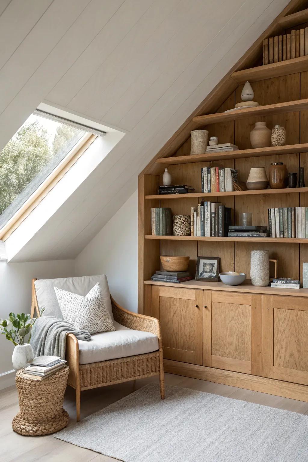 Transform your eaves into a stylish storage solution with custom shelves that fit perfectly under any sloped ceiling.