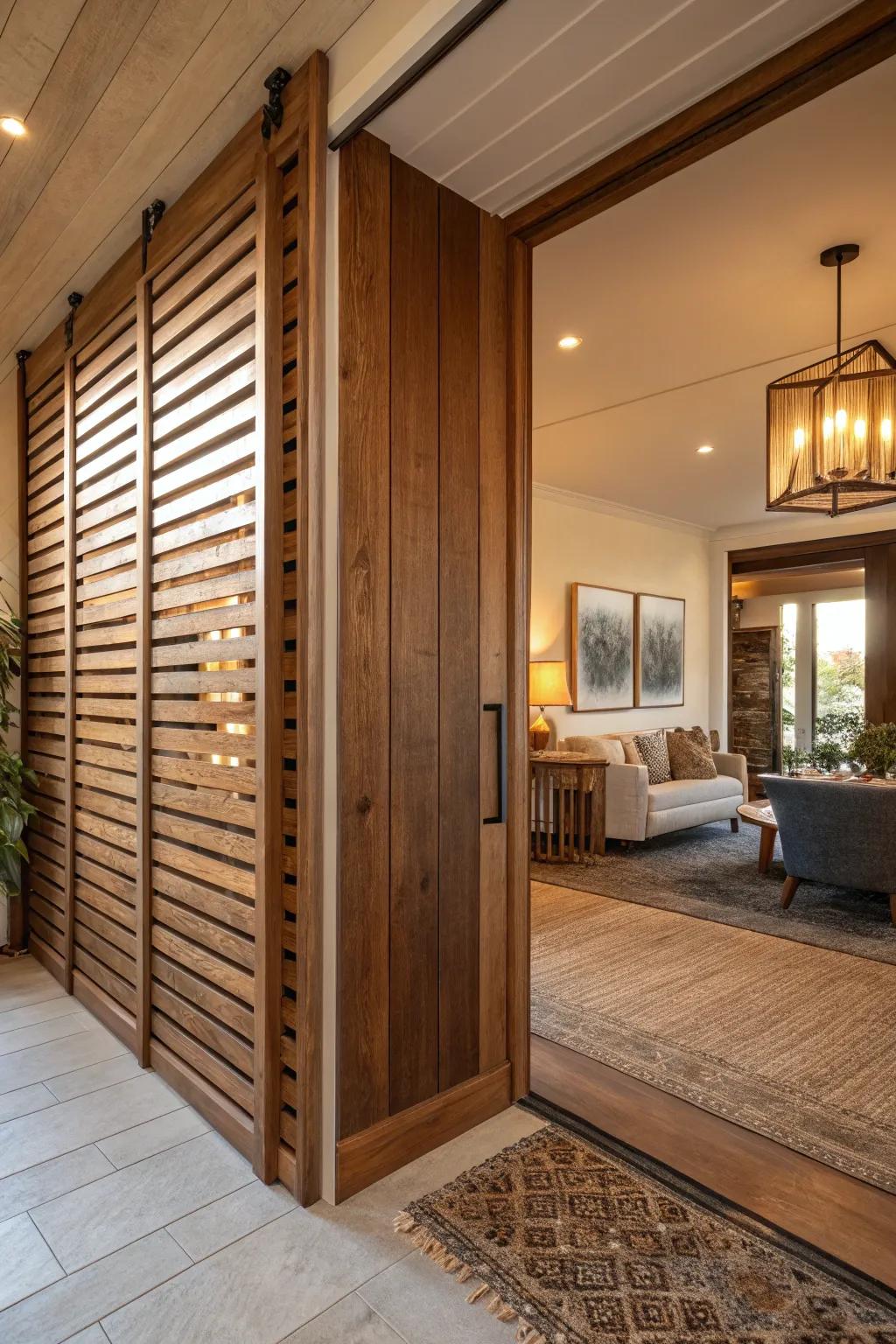 Wooden slats offer a warm and inviting entryway divider solution.