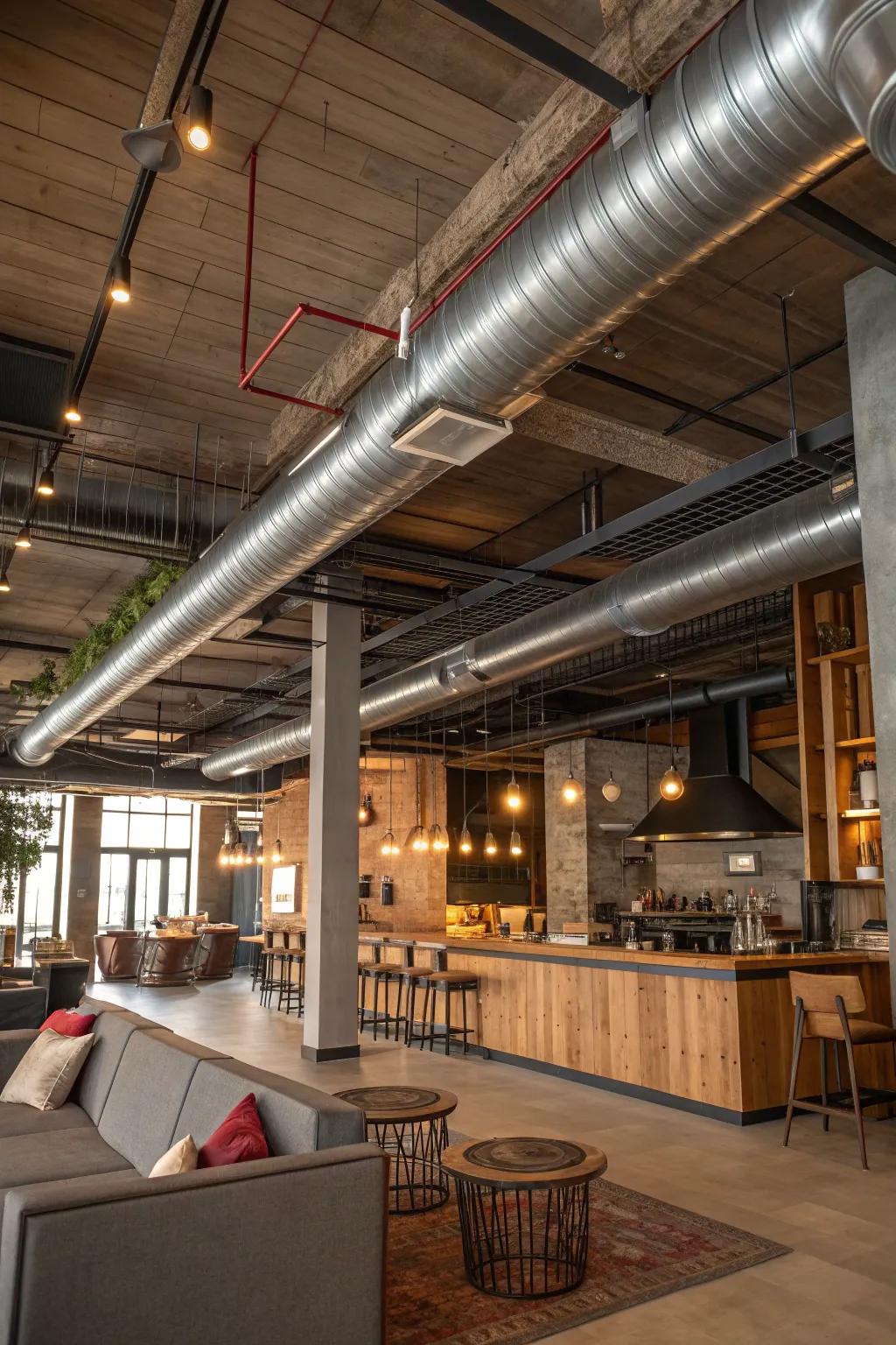 Turn your space into an urban retreat with exposed metallic ducts and industrial decor. #LoftStyle #IndustrialDesign #HomeInspo