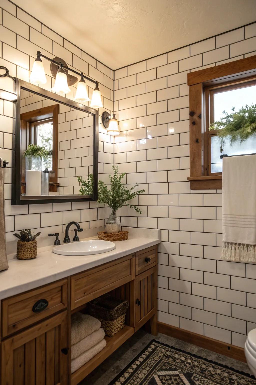 Elevate your farmhouse bathroom with timeless subway tiles that offer a crisp and clean aesthetic.