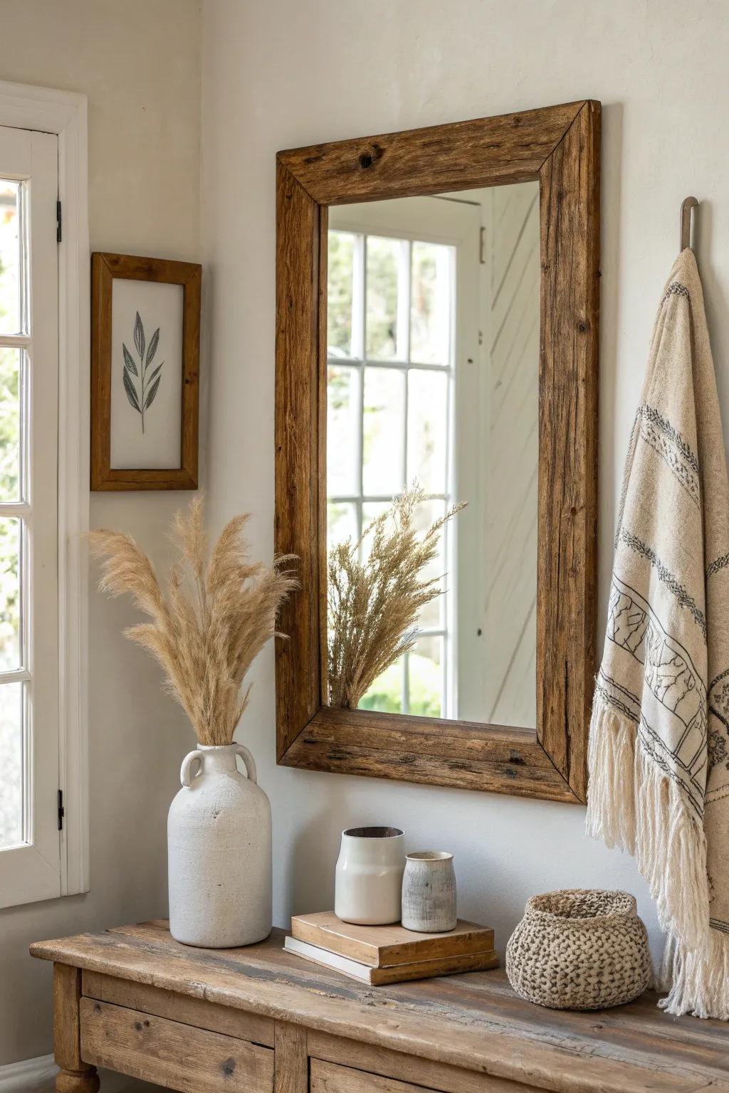Aged wood frames add warmth and history, perfect for any farmhouse setting.