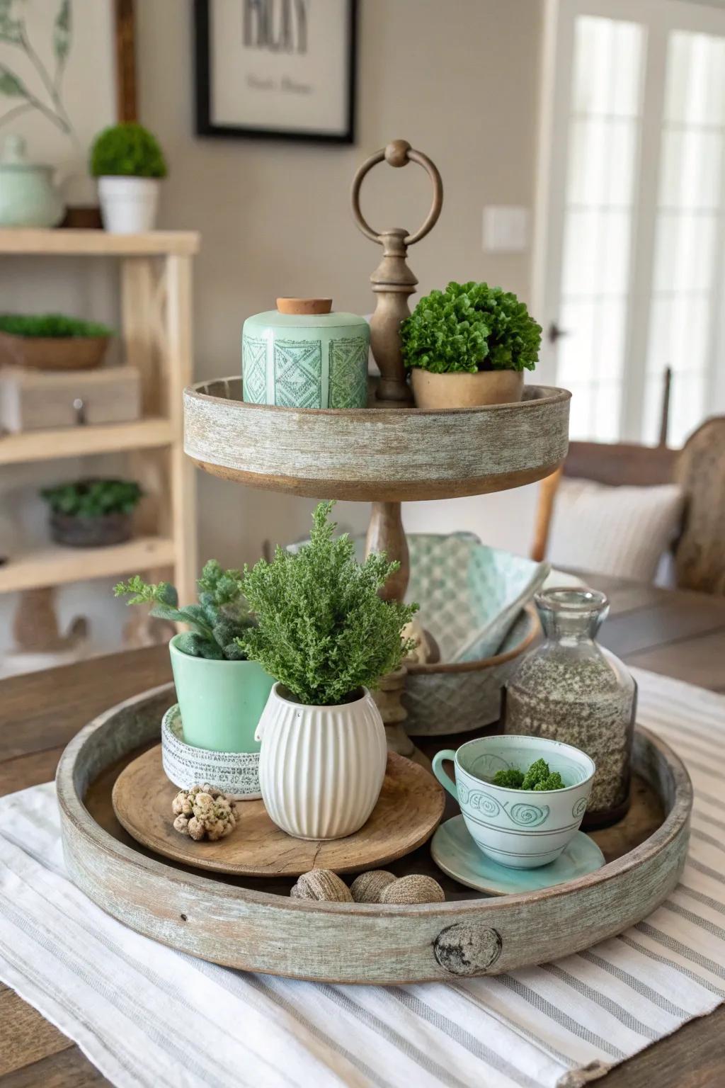 Embrace the warmth of rustic wood with a tiered tray that perfectly captures farmhouse charm.
