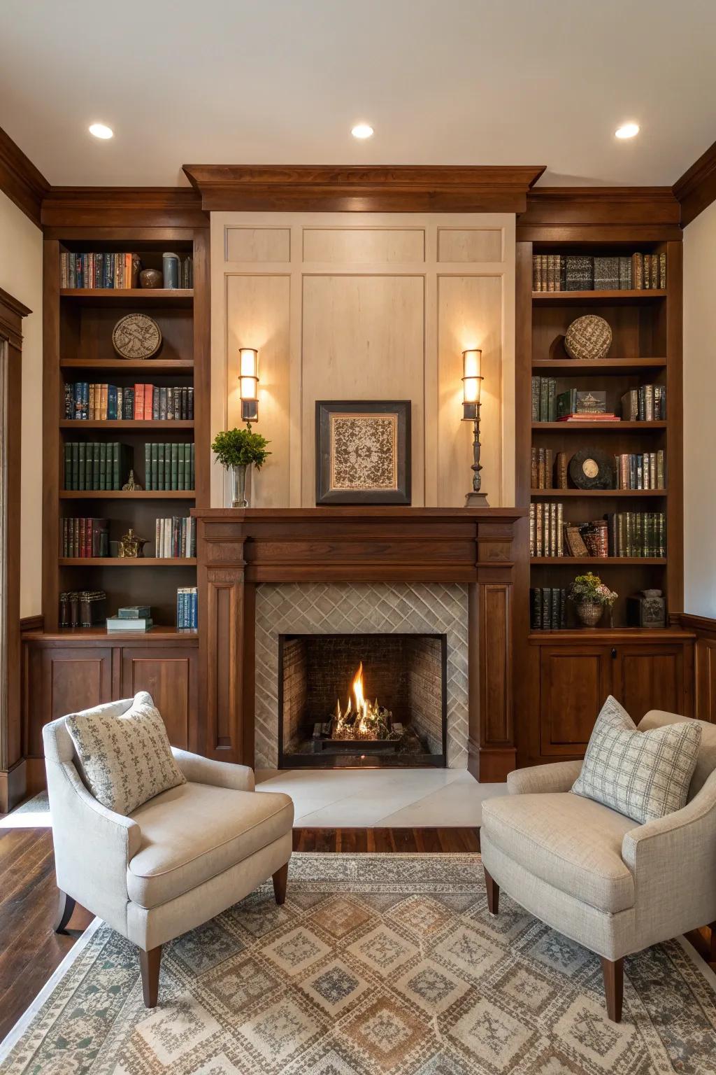 Achieve perfect harmony with matching bookshelves framing your fireplace for a balanced and chic look.