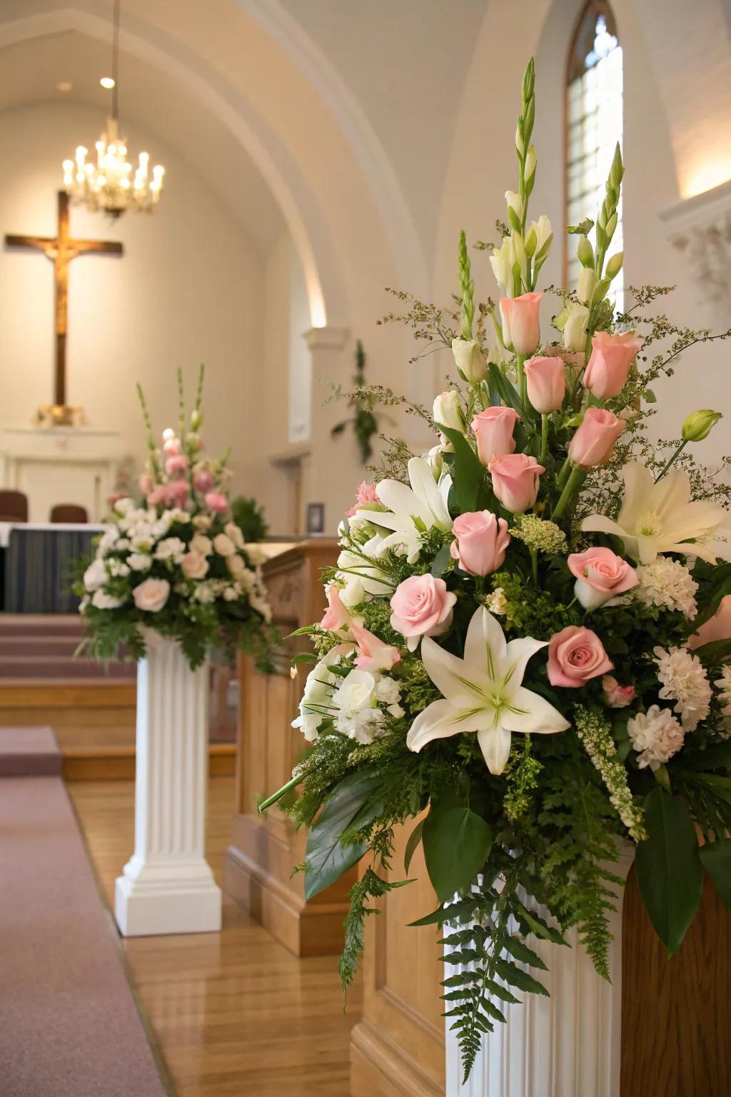 Symmetrical altar arrangements with lilies and roses create a classic, elegant look.