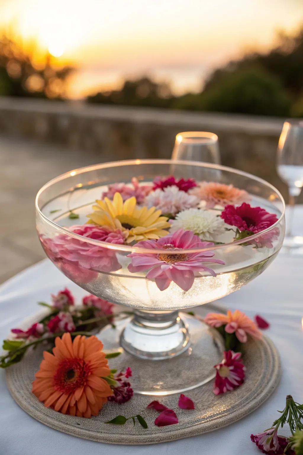 Bring serenity to your dining experience with floating floral centerpieces that captivate and charm.