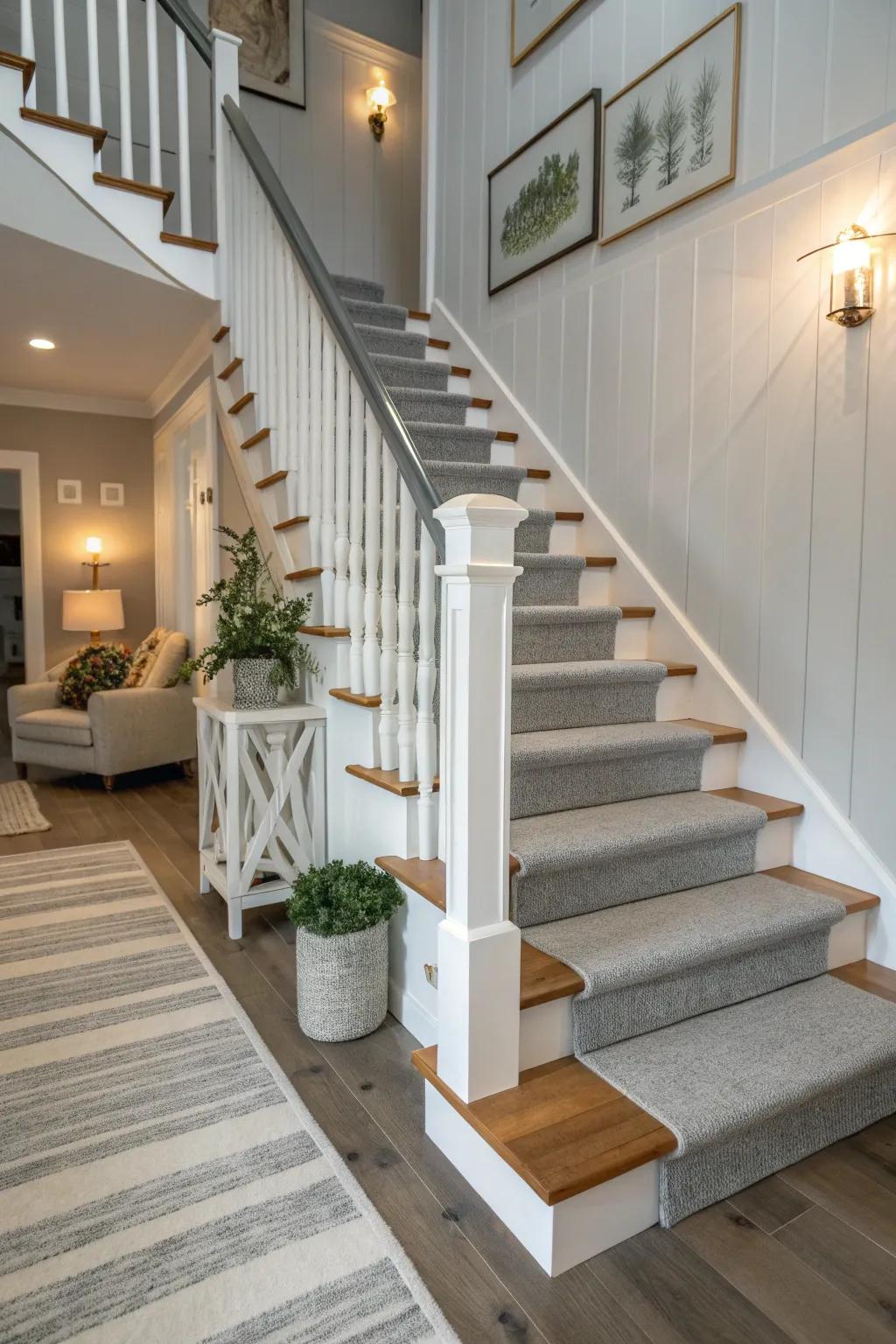 Elevate your staircase with the stunning contrast of grey treads and white risers, adding depth and definition.