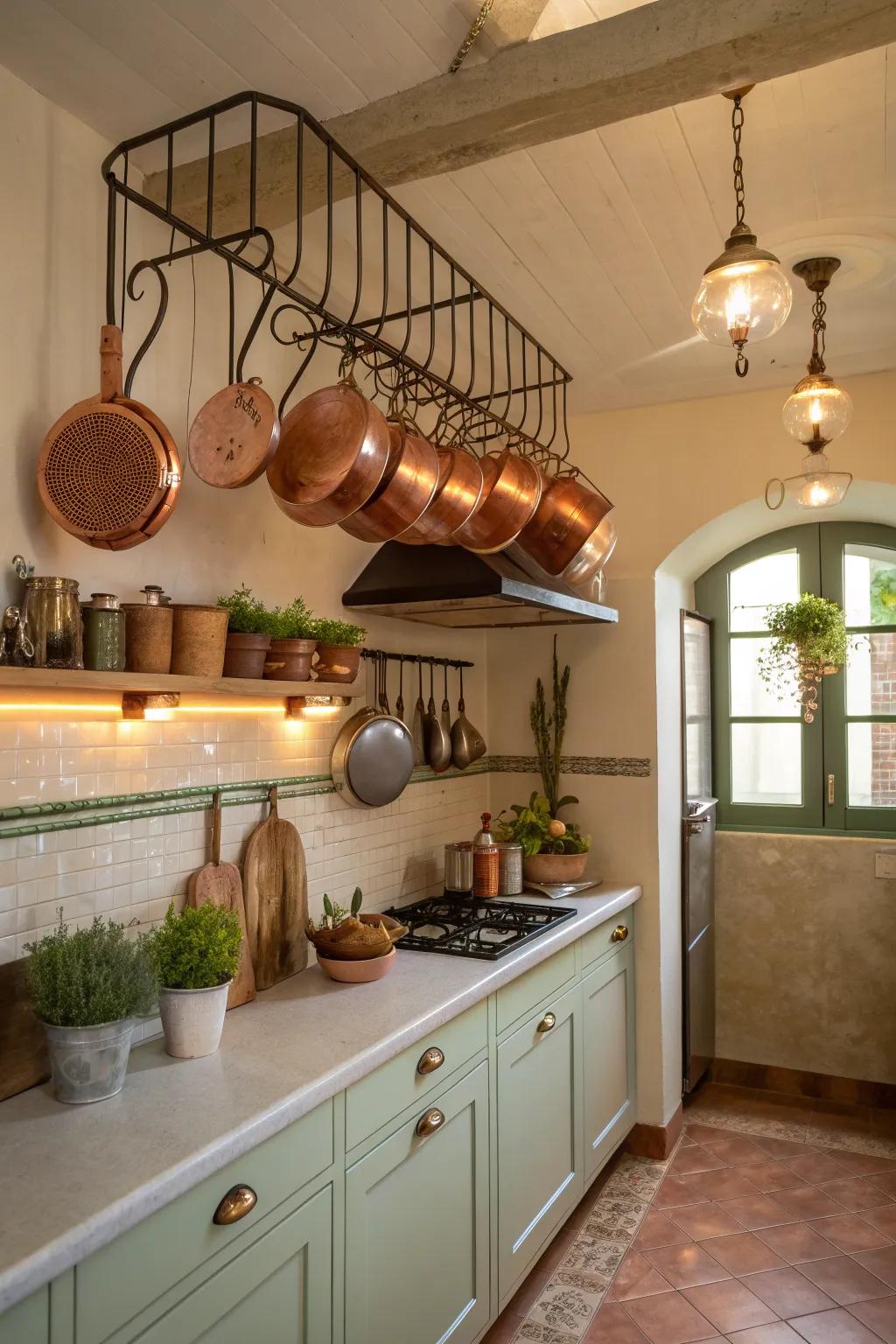 Ceiling-mounted racks create a stunning display while saving precious cabinet space.