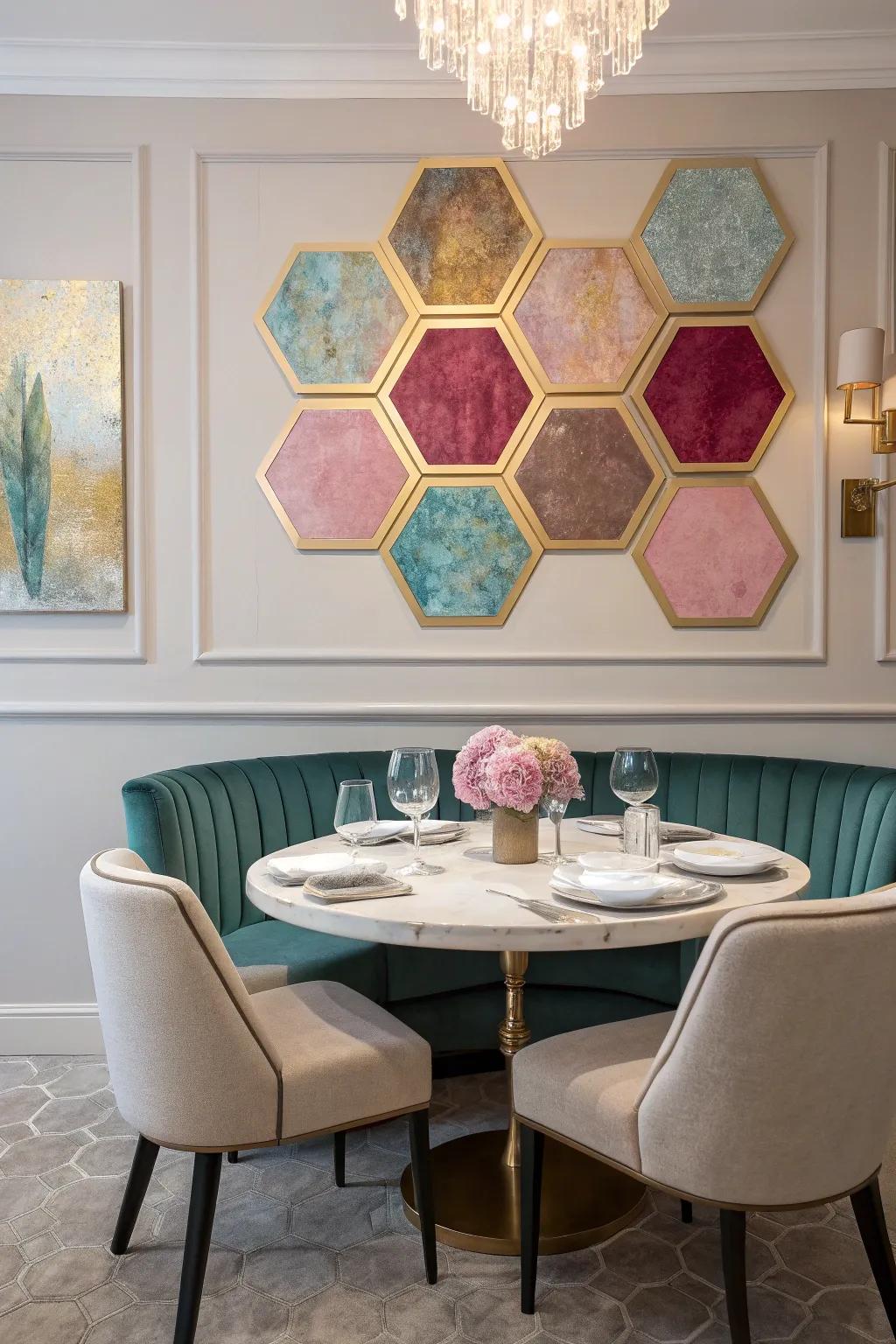 Make a bold statement with a geometric hexagon wall pattern that captivates and engages.
