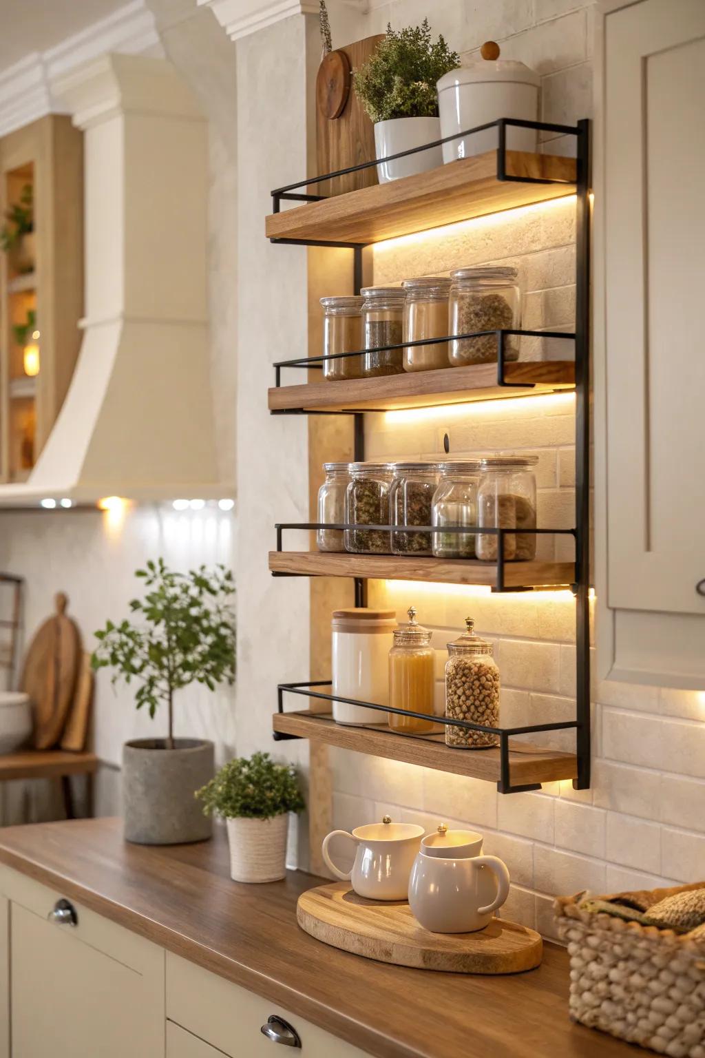 Elevate your kitchen with sleek wall shelves for a chic and organized look.