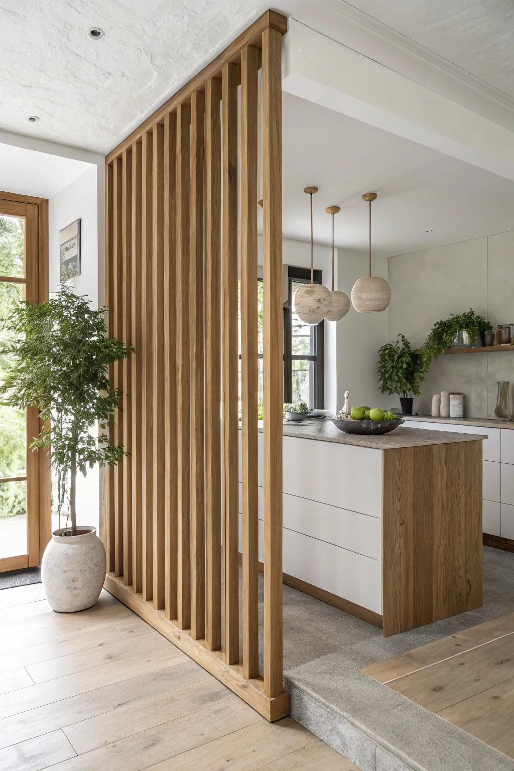 Embrace the natural beauty of wooden slats to subtly define your kitchen space. 🌿 #WoodenSlats #InteriorInspiration