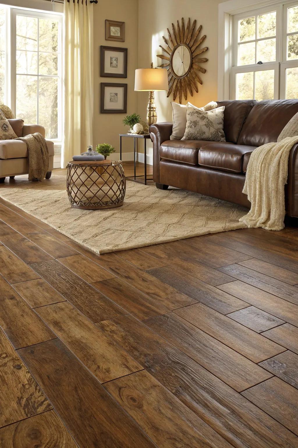 Embrace the warmth of wood-look vinyl for a cozy and inviting living room atmosphere.