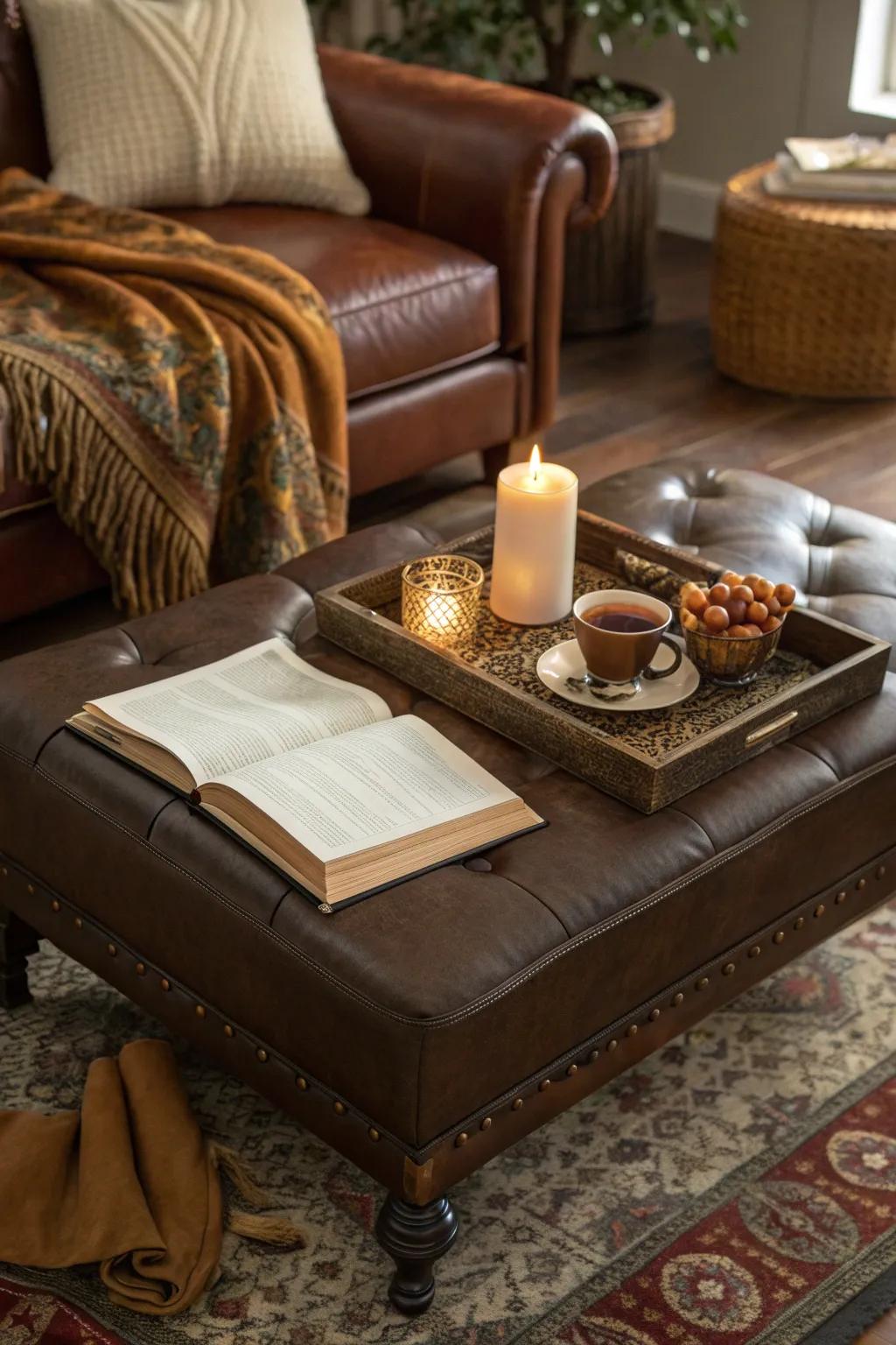 Versatility at its best: Use an ottoman as a coffee table to save space and add style.