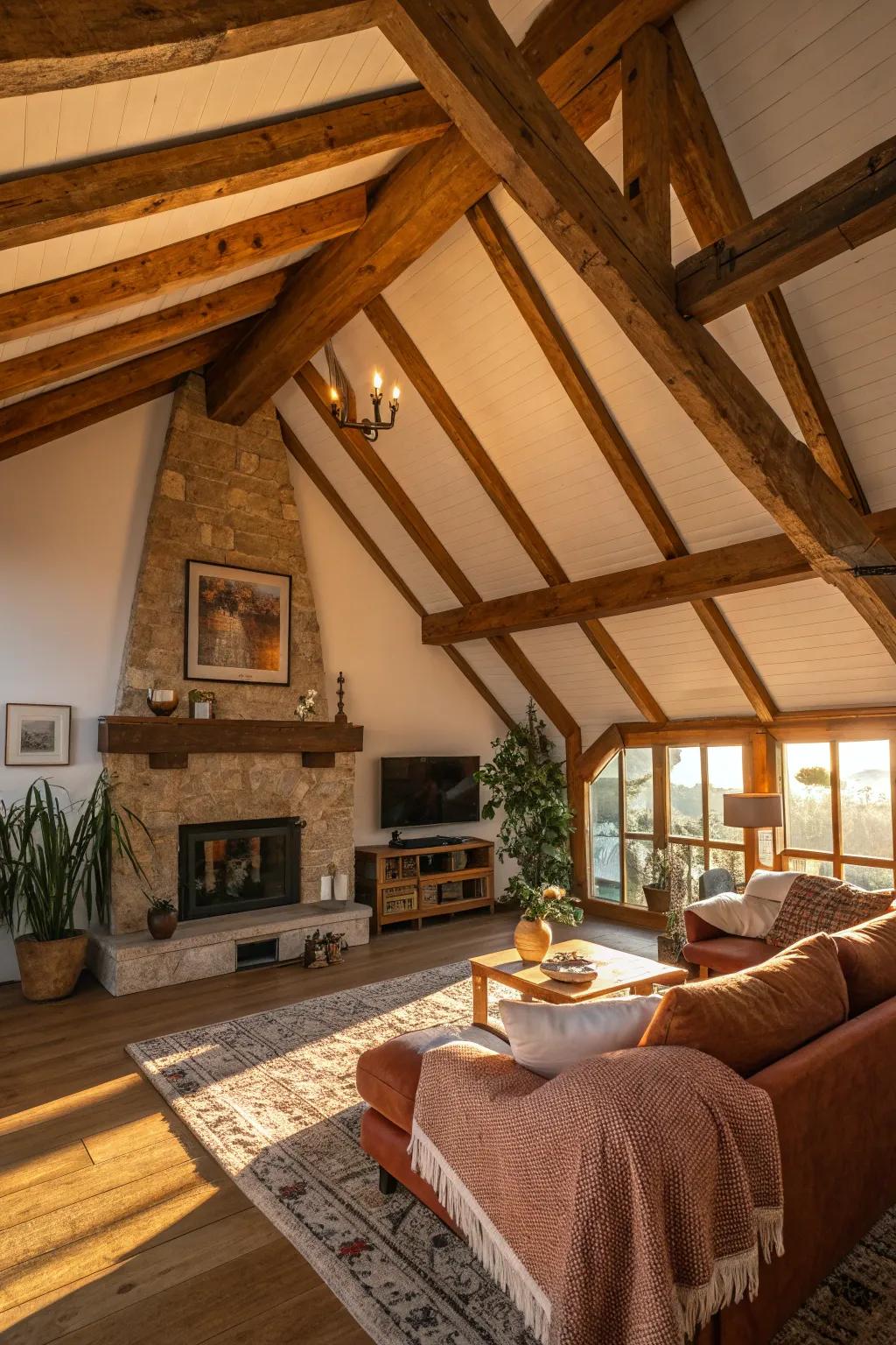 Embrace the beauty of exposed wooden beams to add warmth and character to your living room.