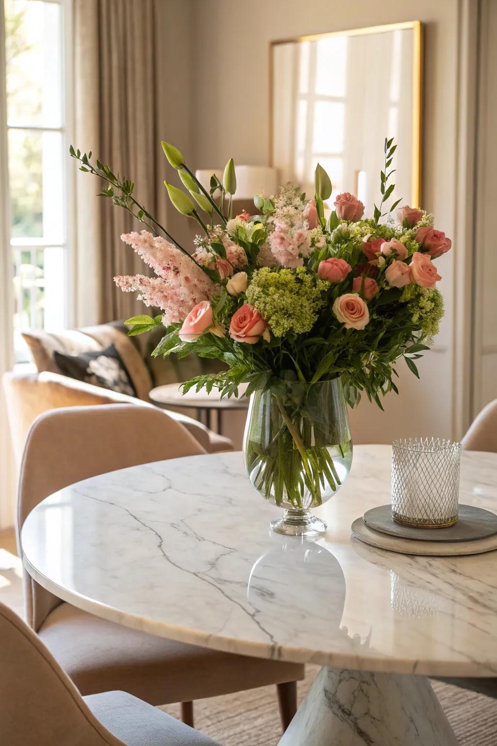 Add a splash of color and elegance to your dining table with seasonal flowers in a chic vase.