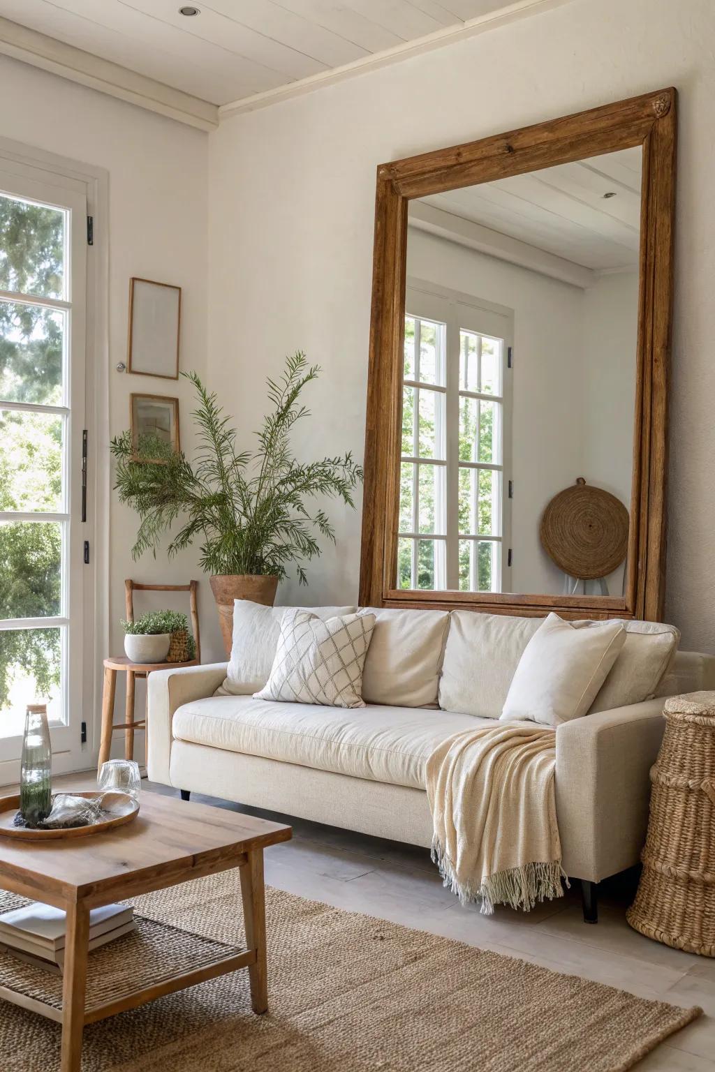 Create a focal point with an oversized mirror that adds depth and drama to your living room.