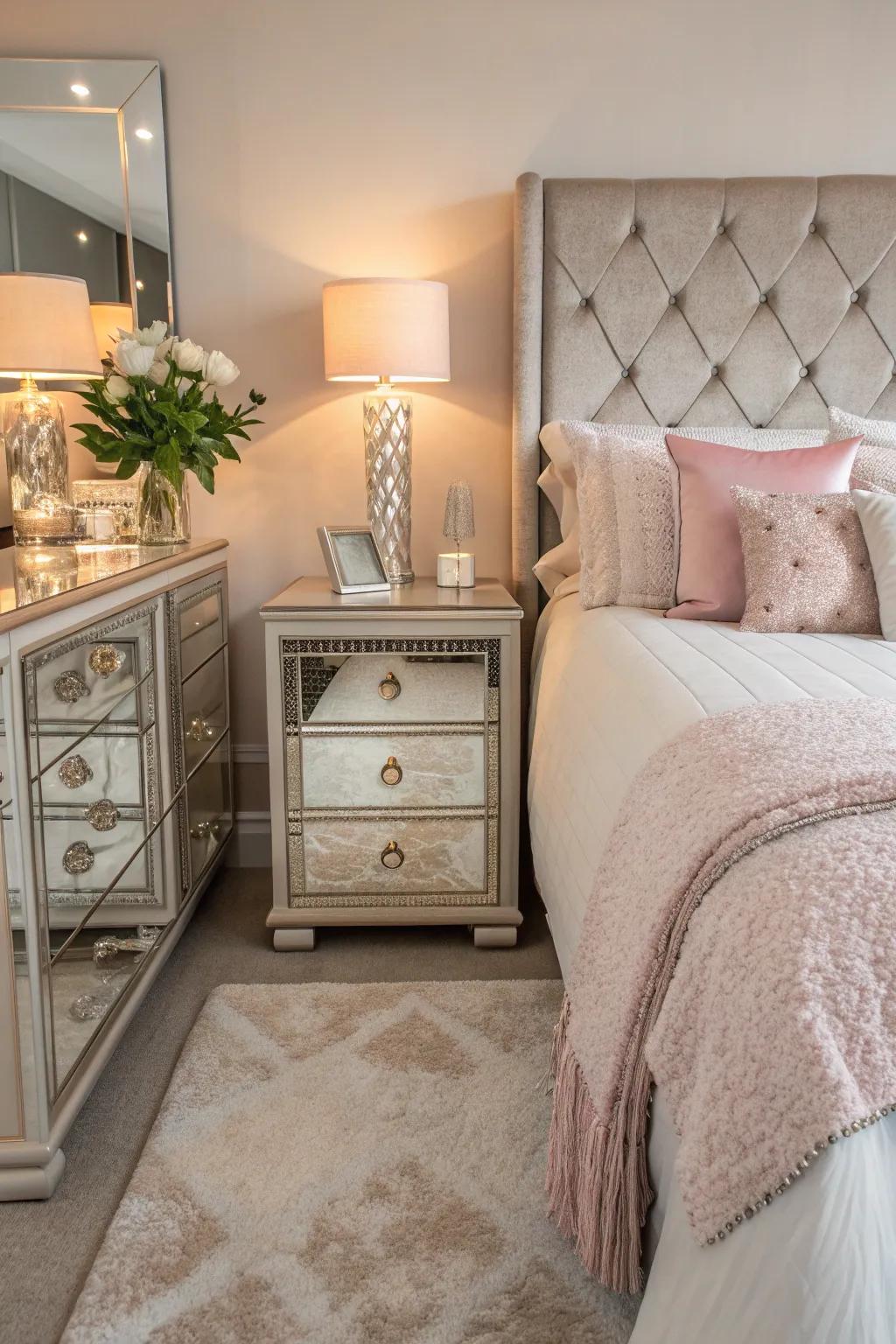 Mirrored nightstands add a luxurious touch, enhancing light and space by your bedside.