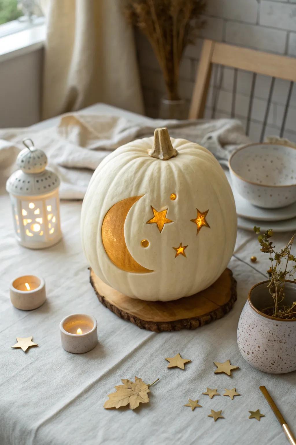 Let the crescent moon shine as your pumpkin's centerpiece, casting a gentle glow on your fall evenings.