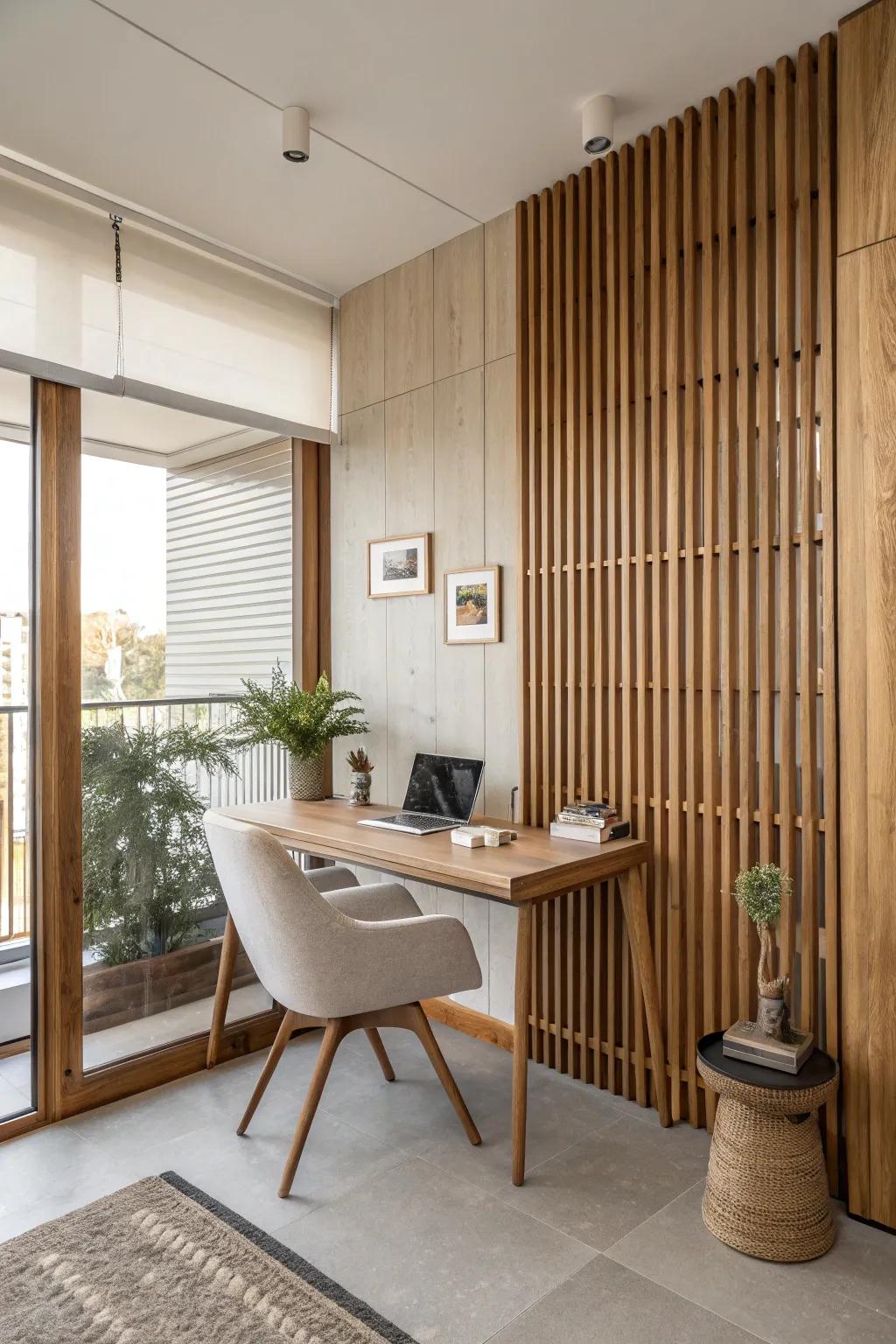 Elevate your workspace with the timeless elegance of wooden slats. Their natural warmth creates a calming and inviting atmosphere.