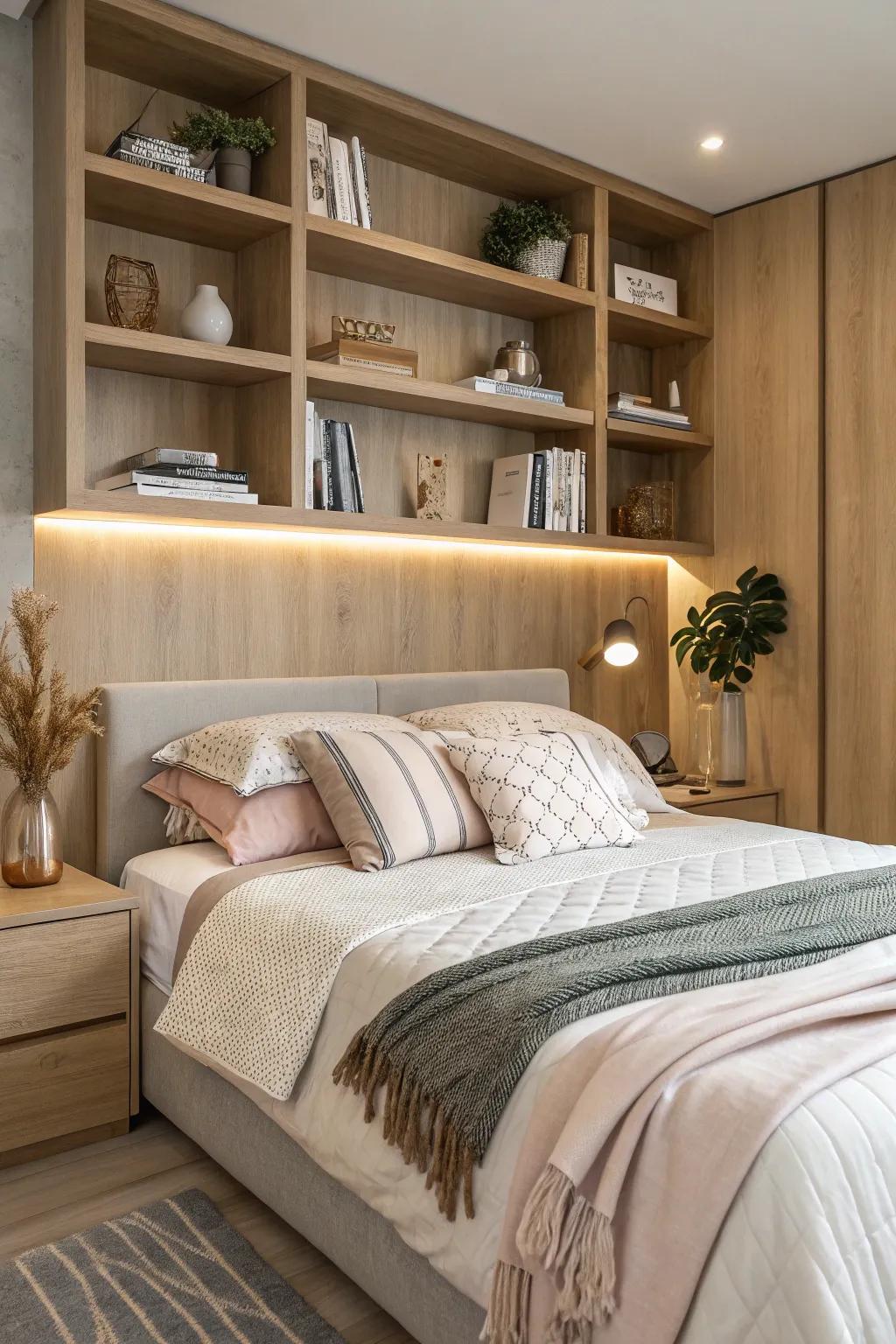 Floating shelves create a minimalist and functional display above your bed.