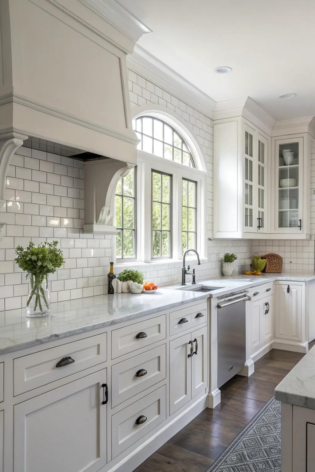 Embrace the timeless beauty of a white tile backsplash that effortlessly enhances light and space.