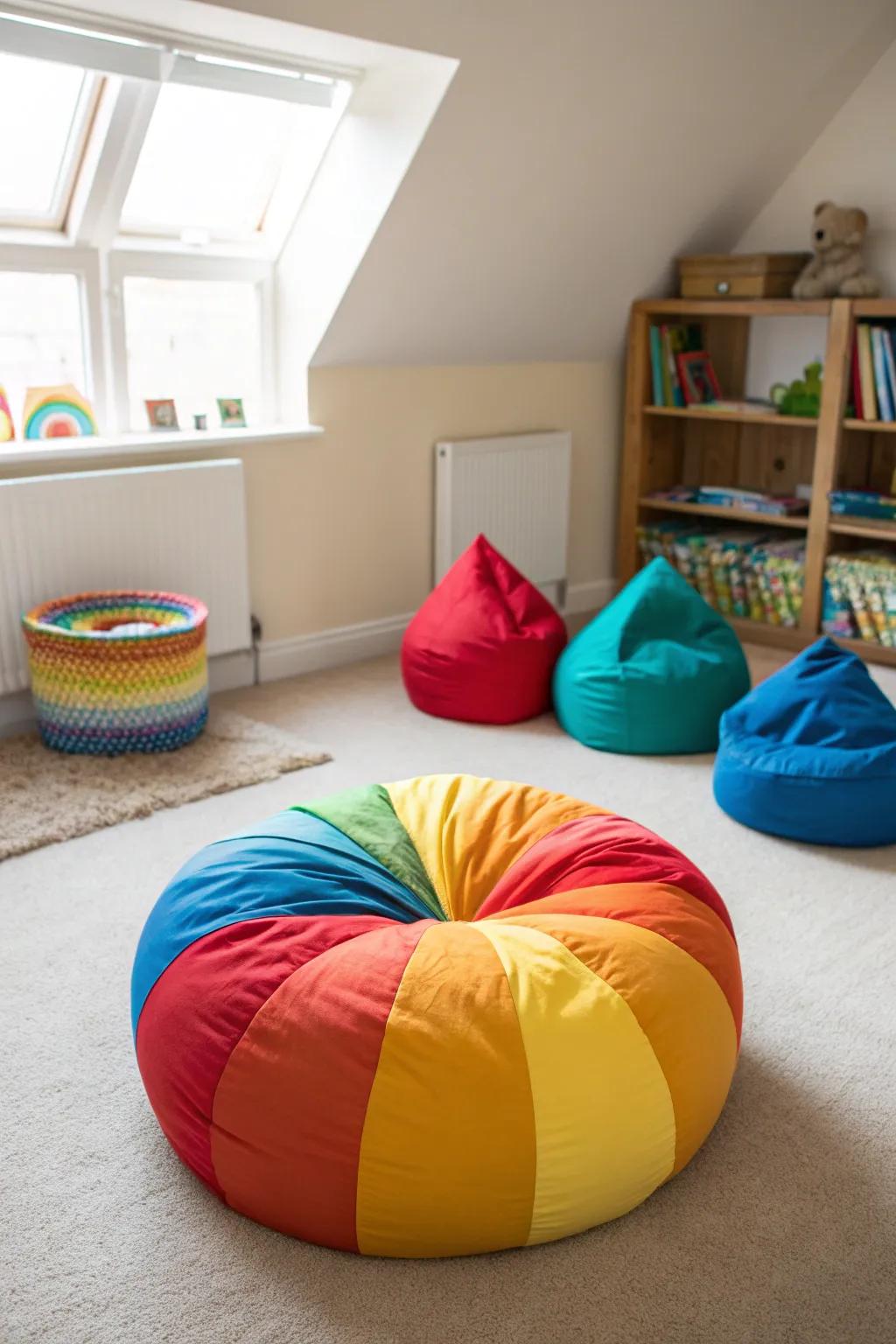 Add a pop of color and comfort with versatile bean bags in your playroom. #ColorfulSeating #PlayroomVibes 🎨