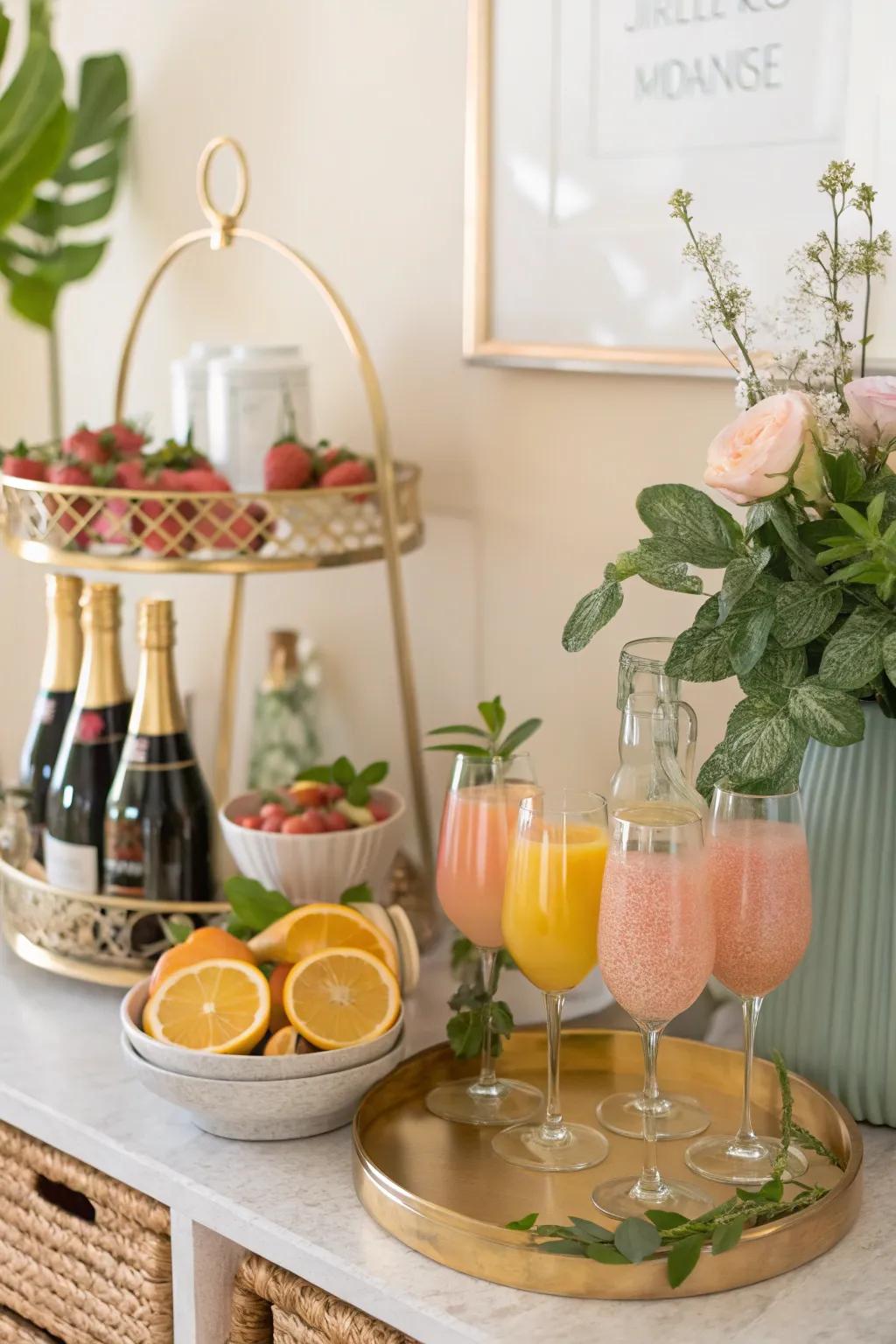 Set up a chic mimosa bar with vibrant juices and elegant flutes for a brunch to remember.