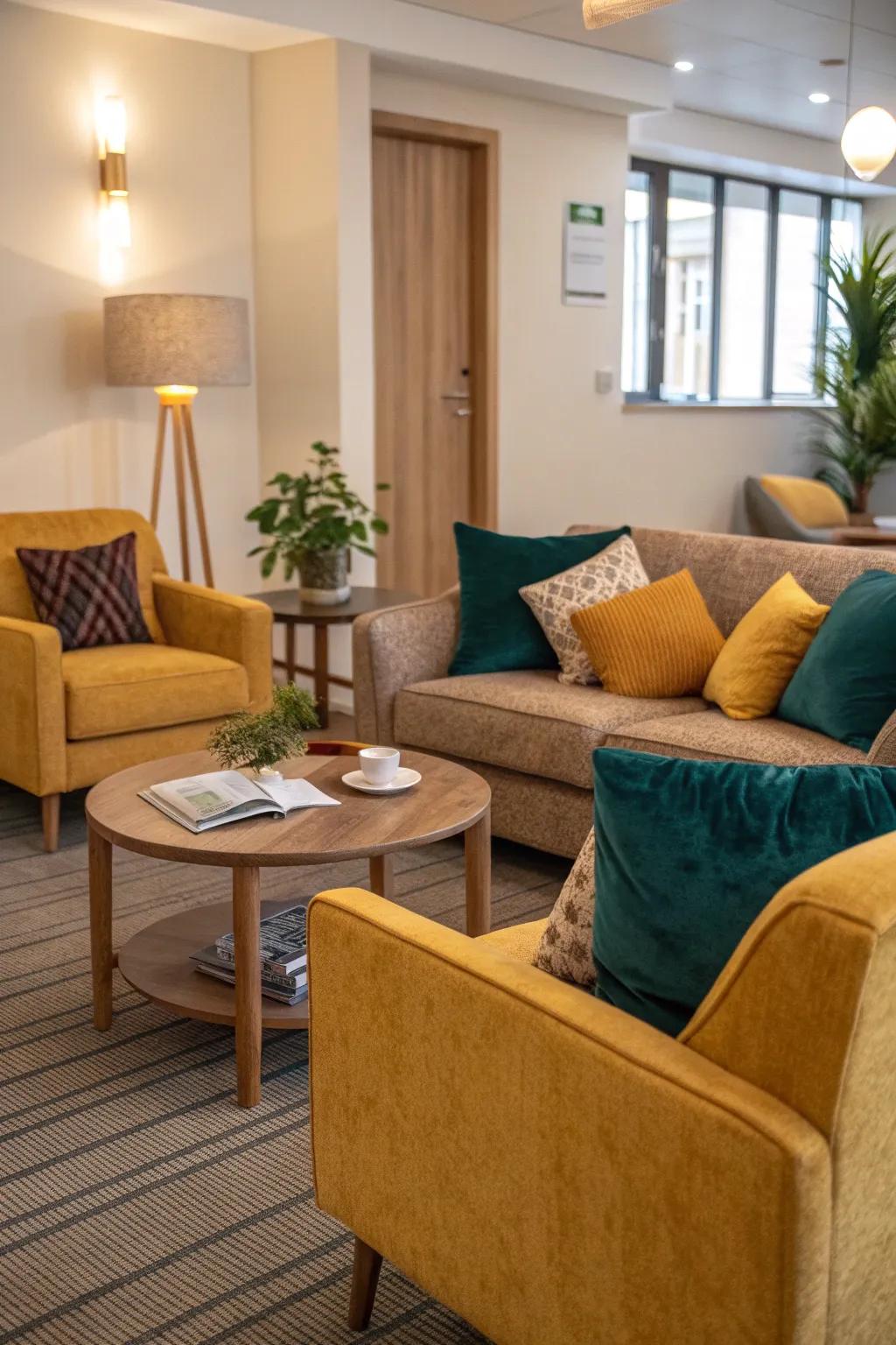 Sink into luxury with plush seating and vibrant pillows in your staff lounge.