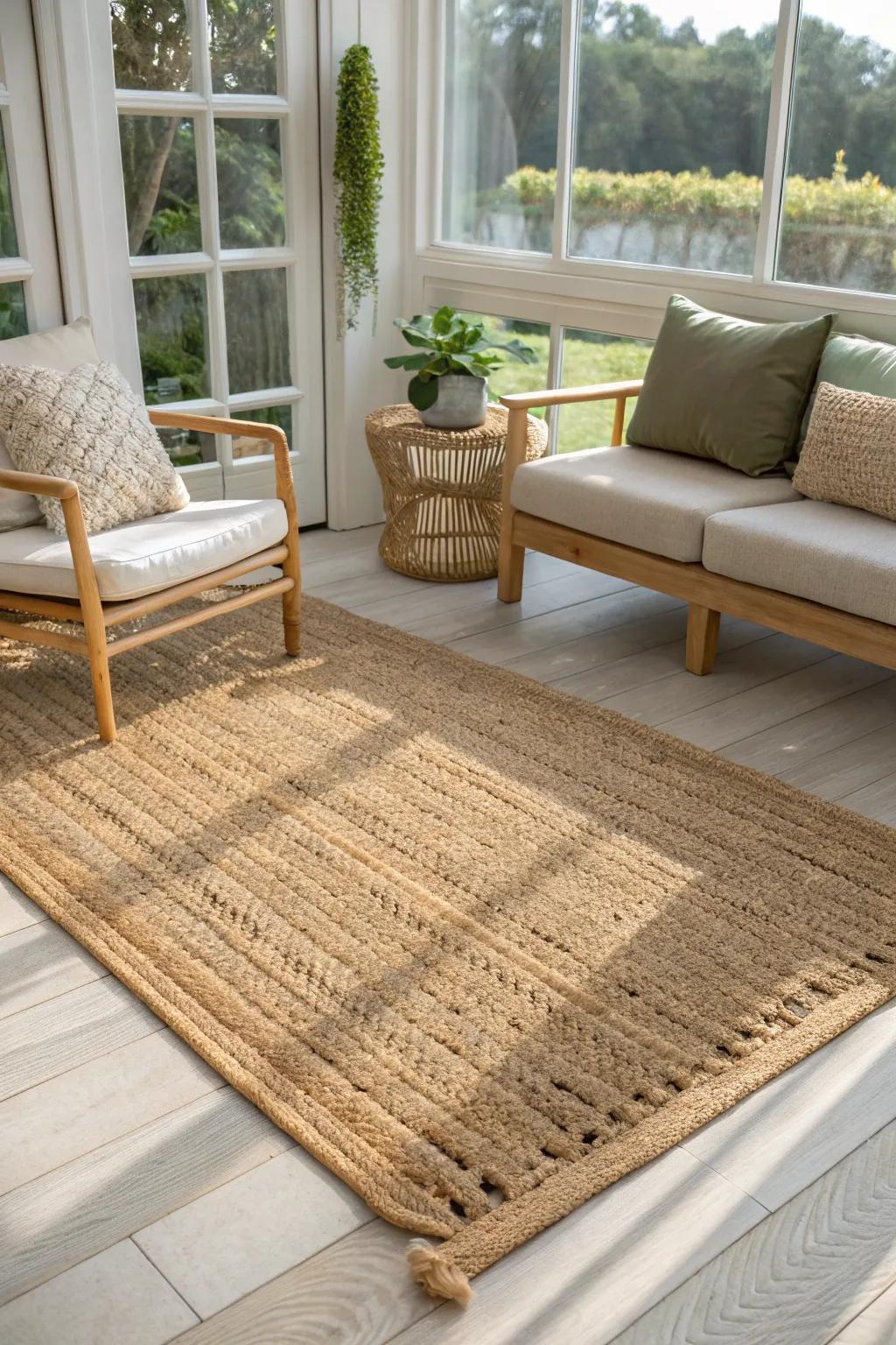 Natural fiber rugs like jute bring warmth and texture to your sunroom, enhancing its connection to nature.