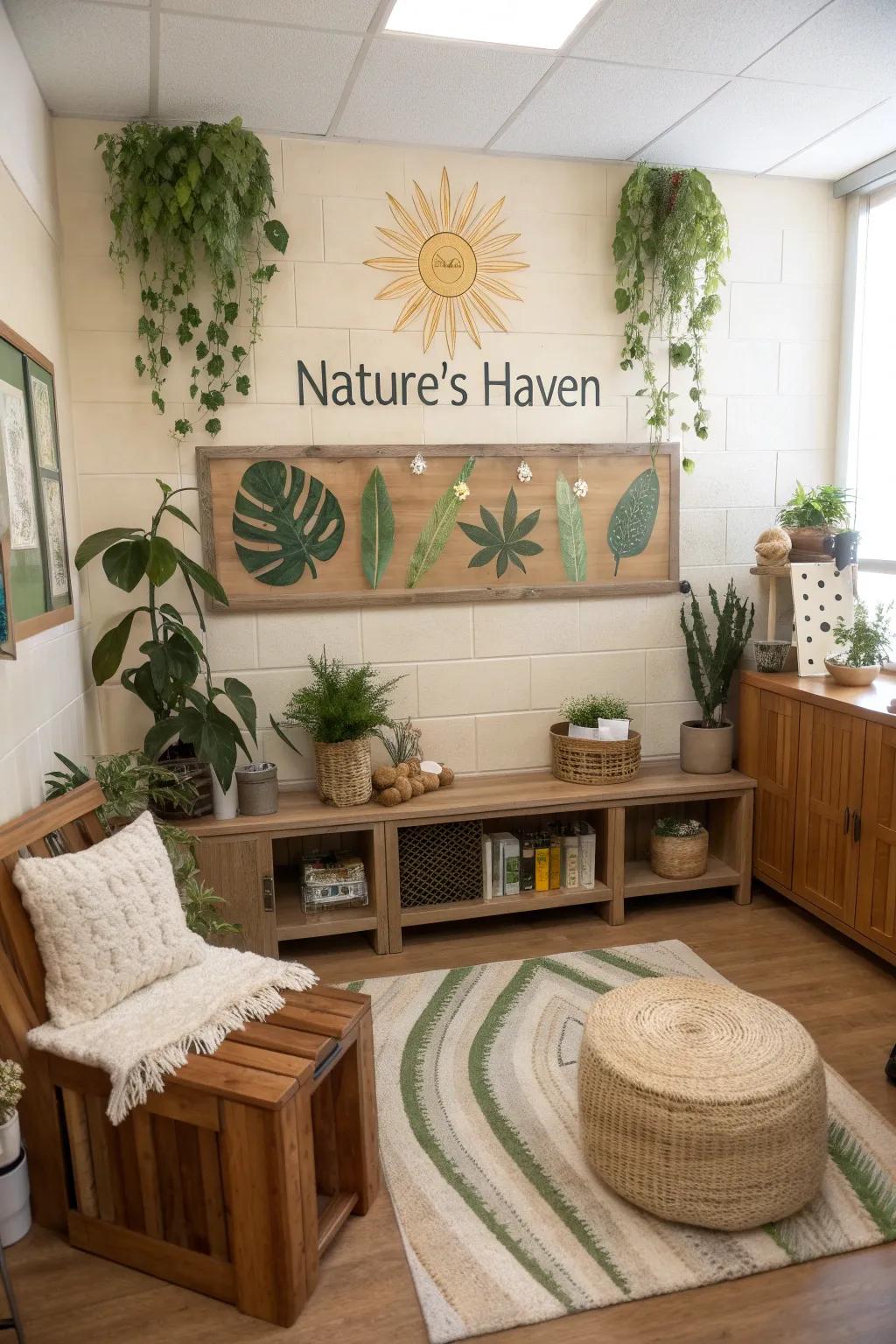 Embrace the tranquility of nature with a theme that brings the outdoors in, creating a serene escape for teachers.