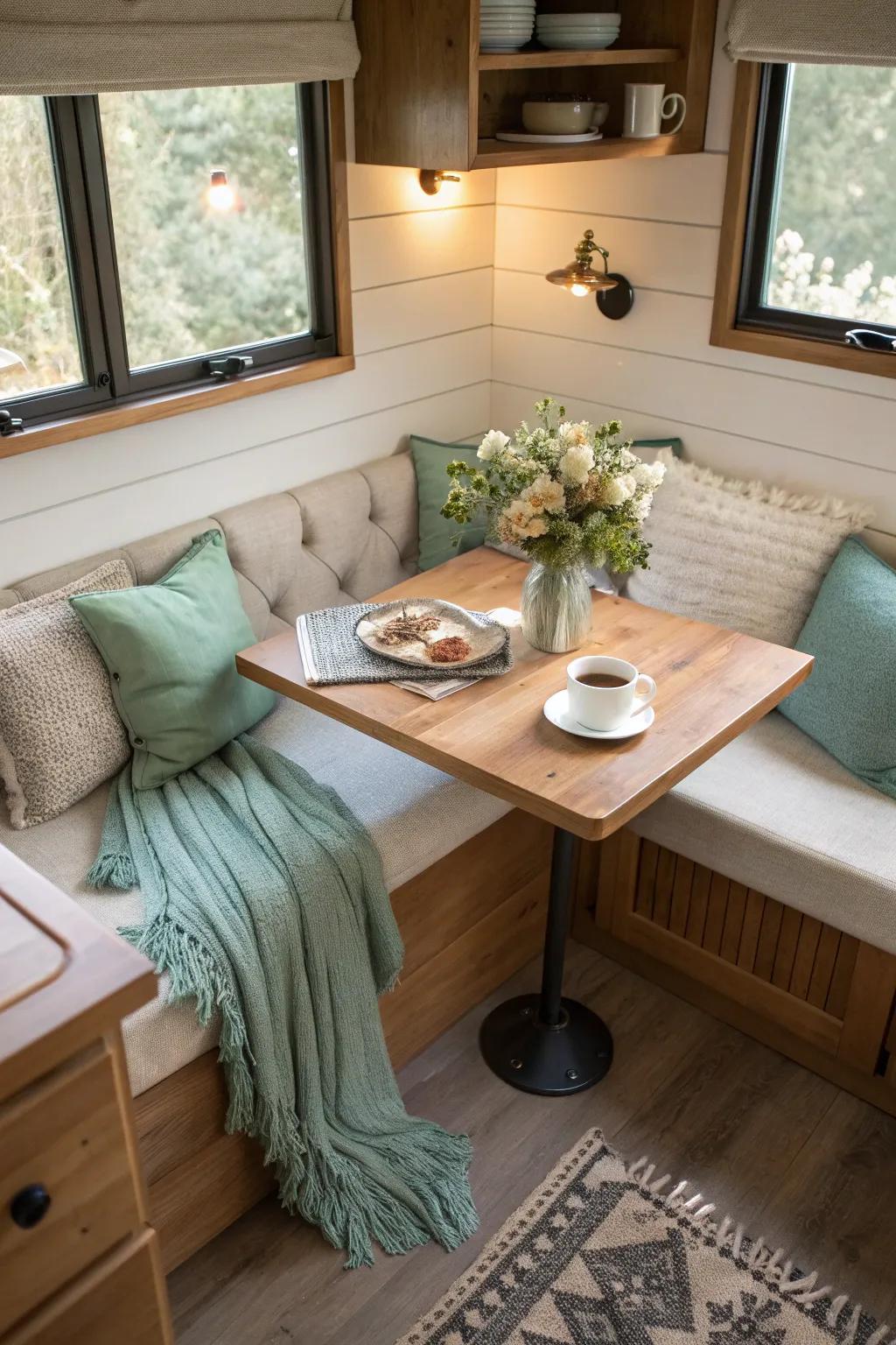 Maximize your small space with a stylish built-in banquette that offers both seating and storage.