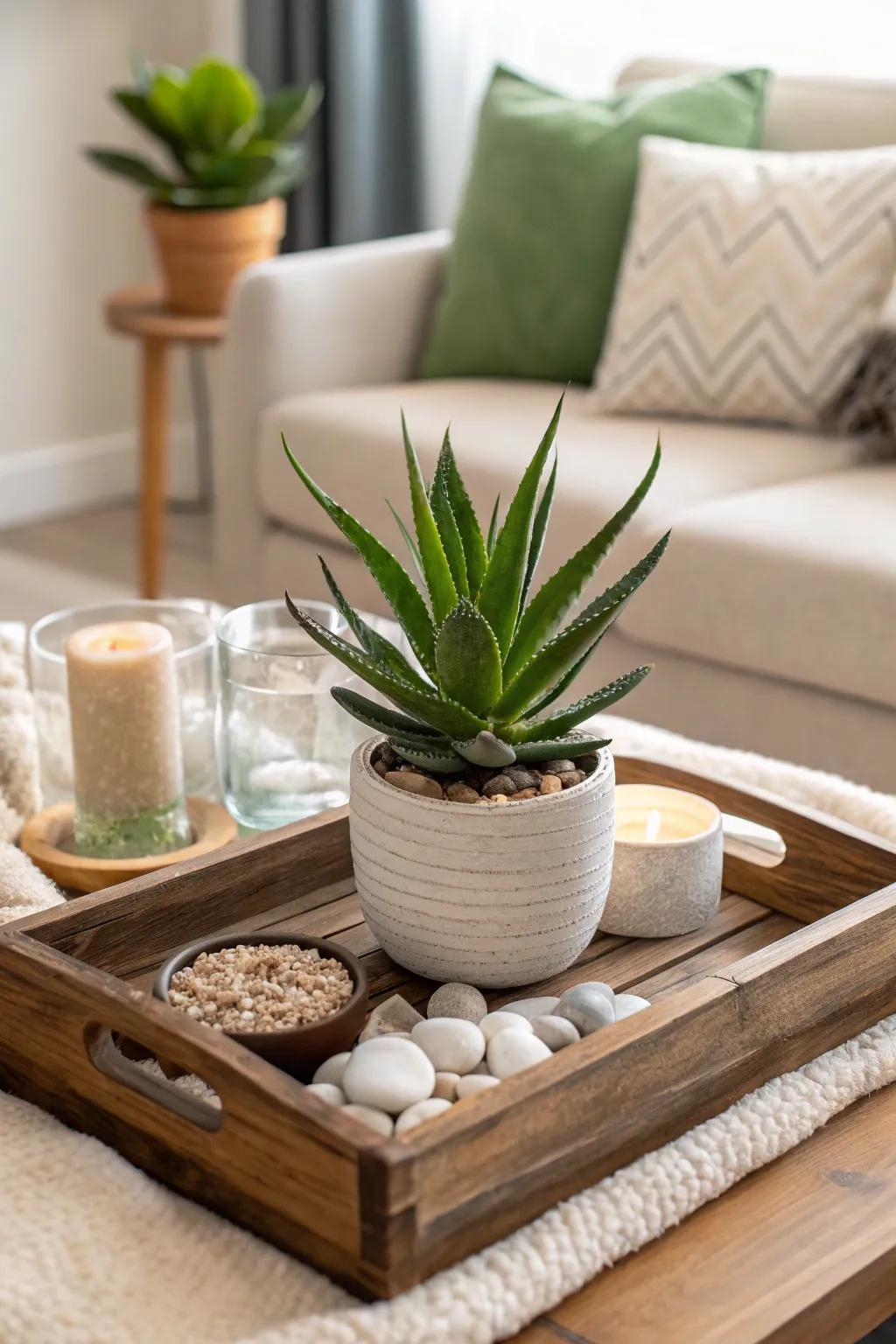 Bring the outdoors in with a tray adorned with lush greenery for a refreshing touch. #Greenery #HomeDecor #EcoStyle
