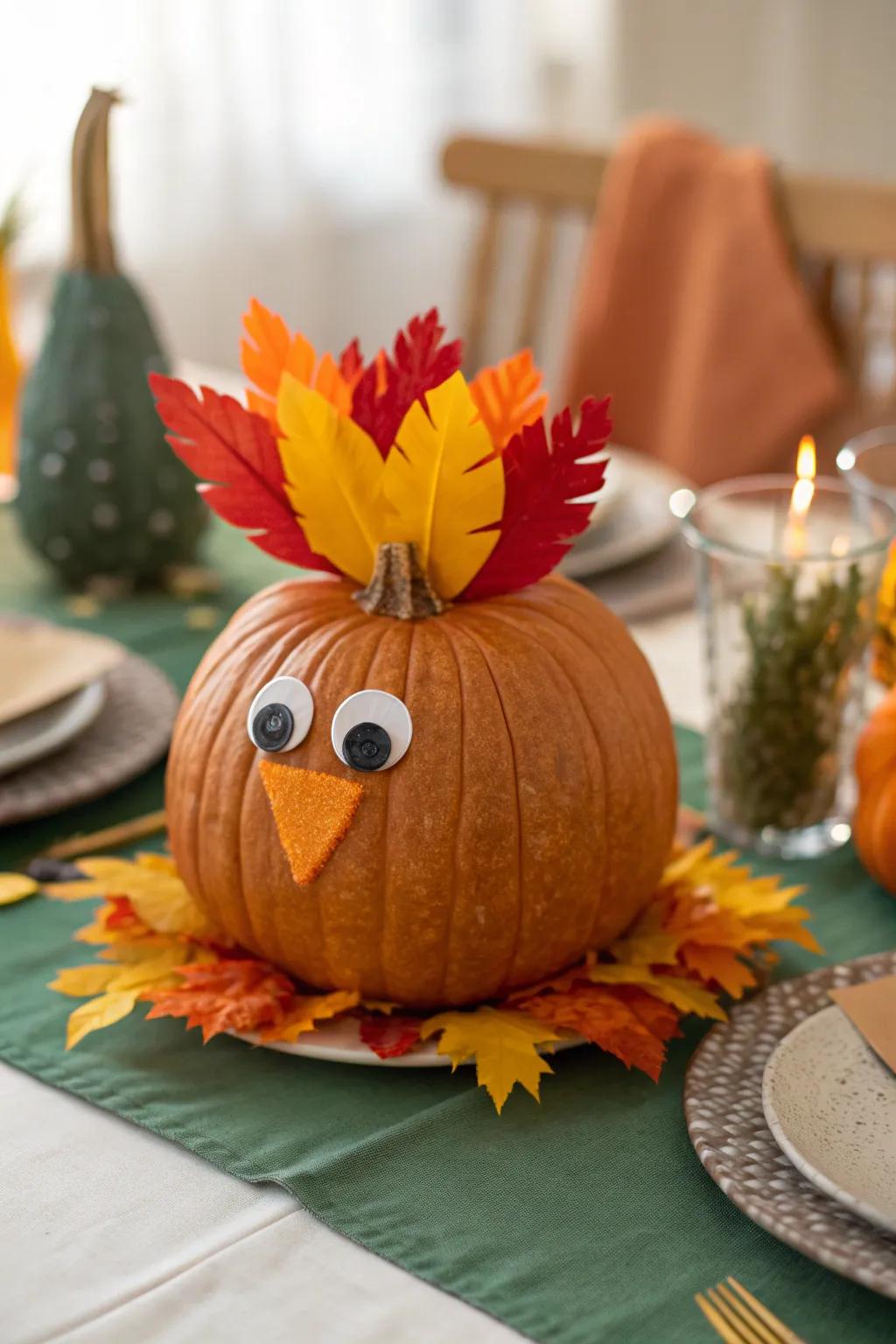 Create a classic pumpkin turkey with colorful feathers and a friendly face for a festive centerpiece.