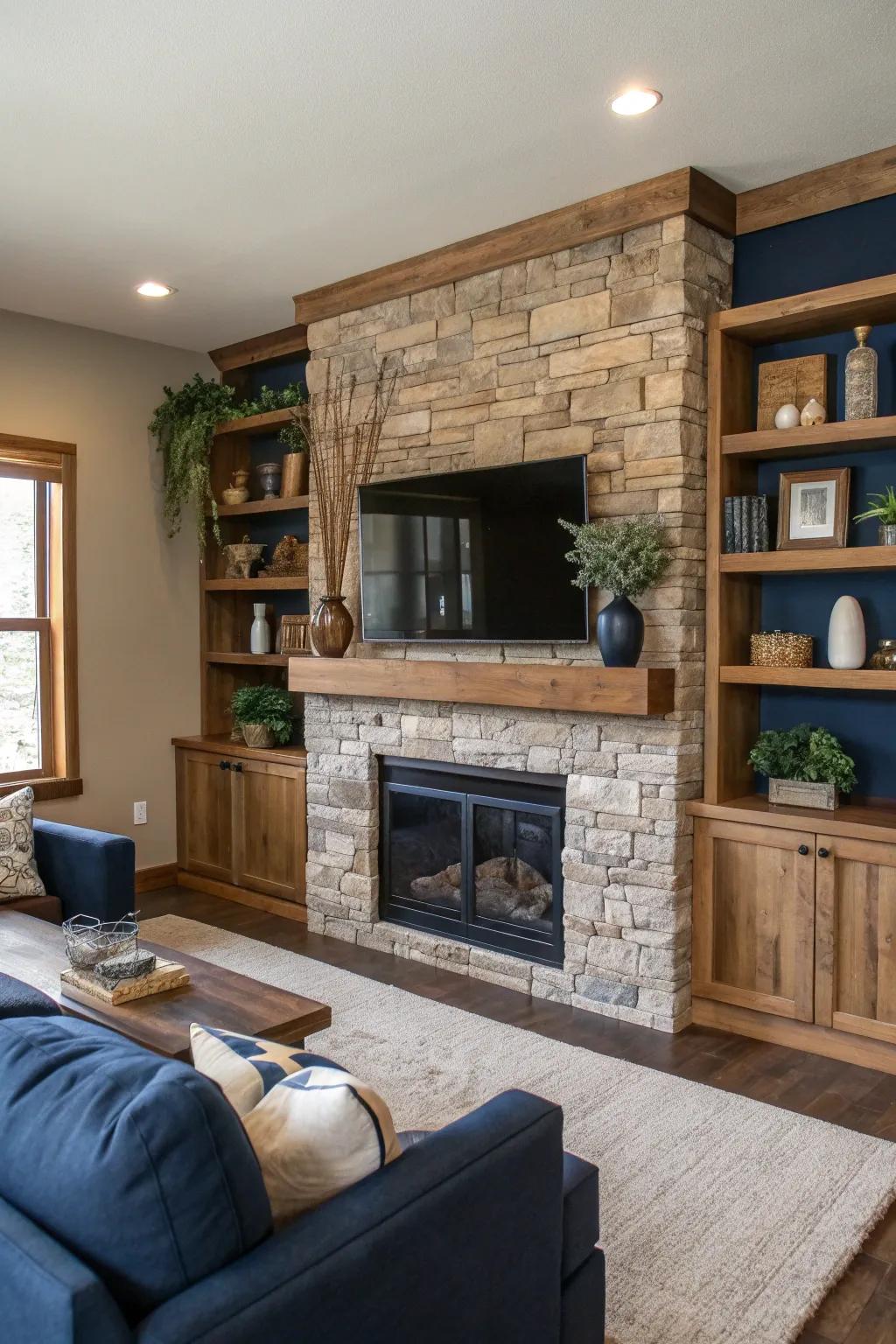 Achieve a balanced and inviting living space with a symmetrical TV and fireplace arrangement.