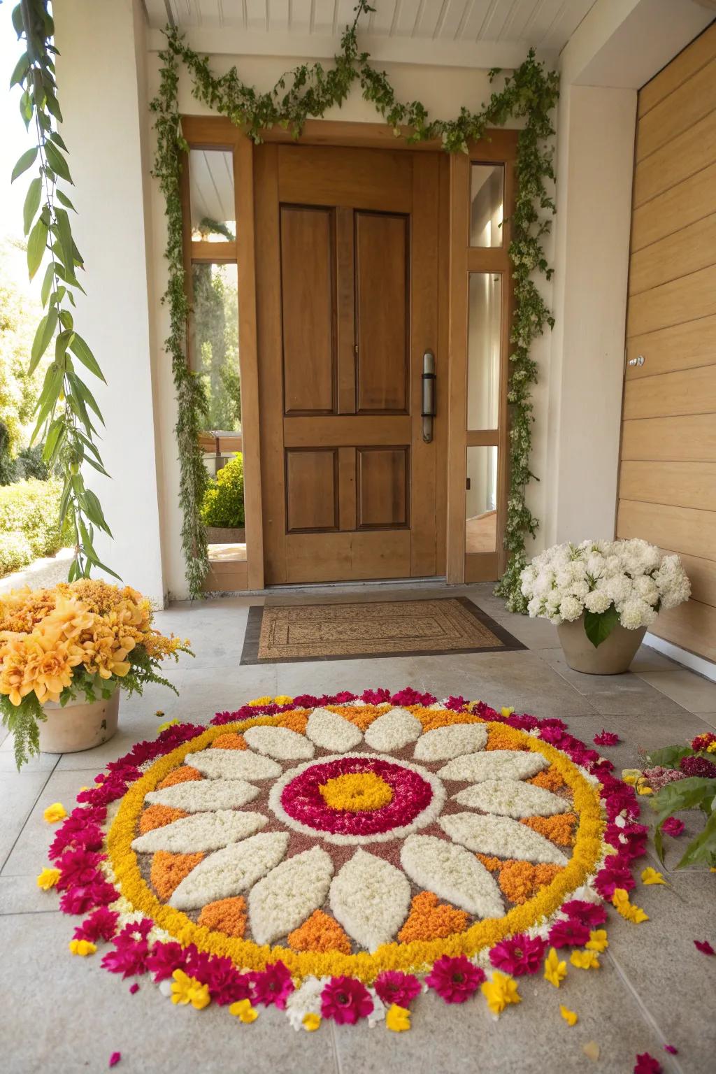Add color and tradition to your entrance with a stunning floral rangoli design.