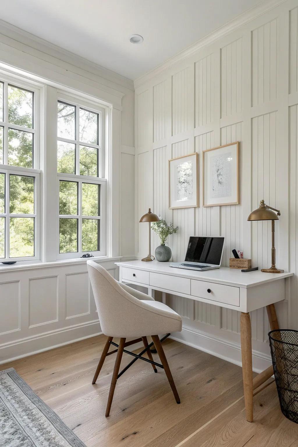 Achieve a timeless look with classic white wainscoting in your office.