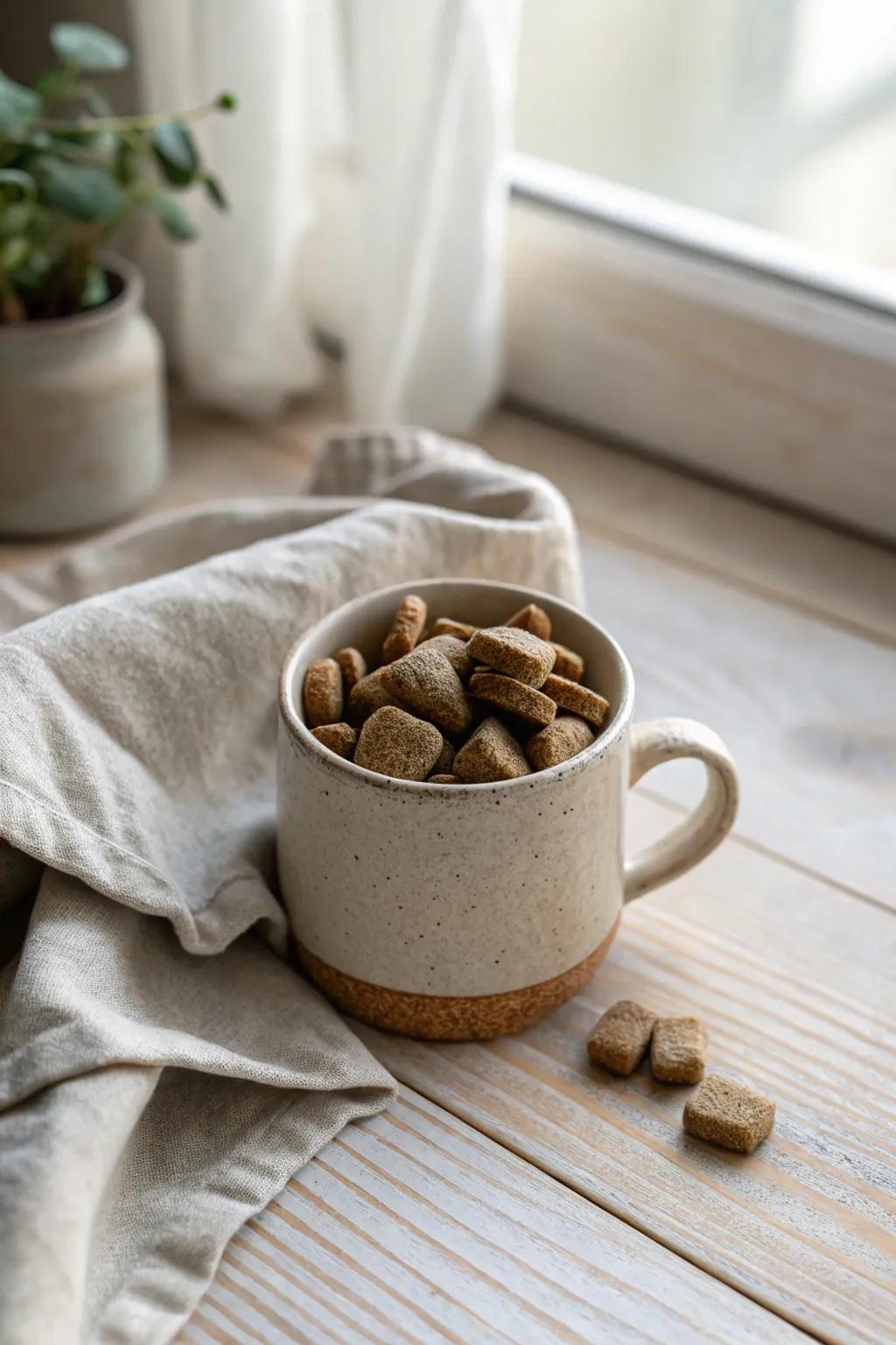 Delight furry friends with a mug filled with tasty pet treats.