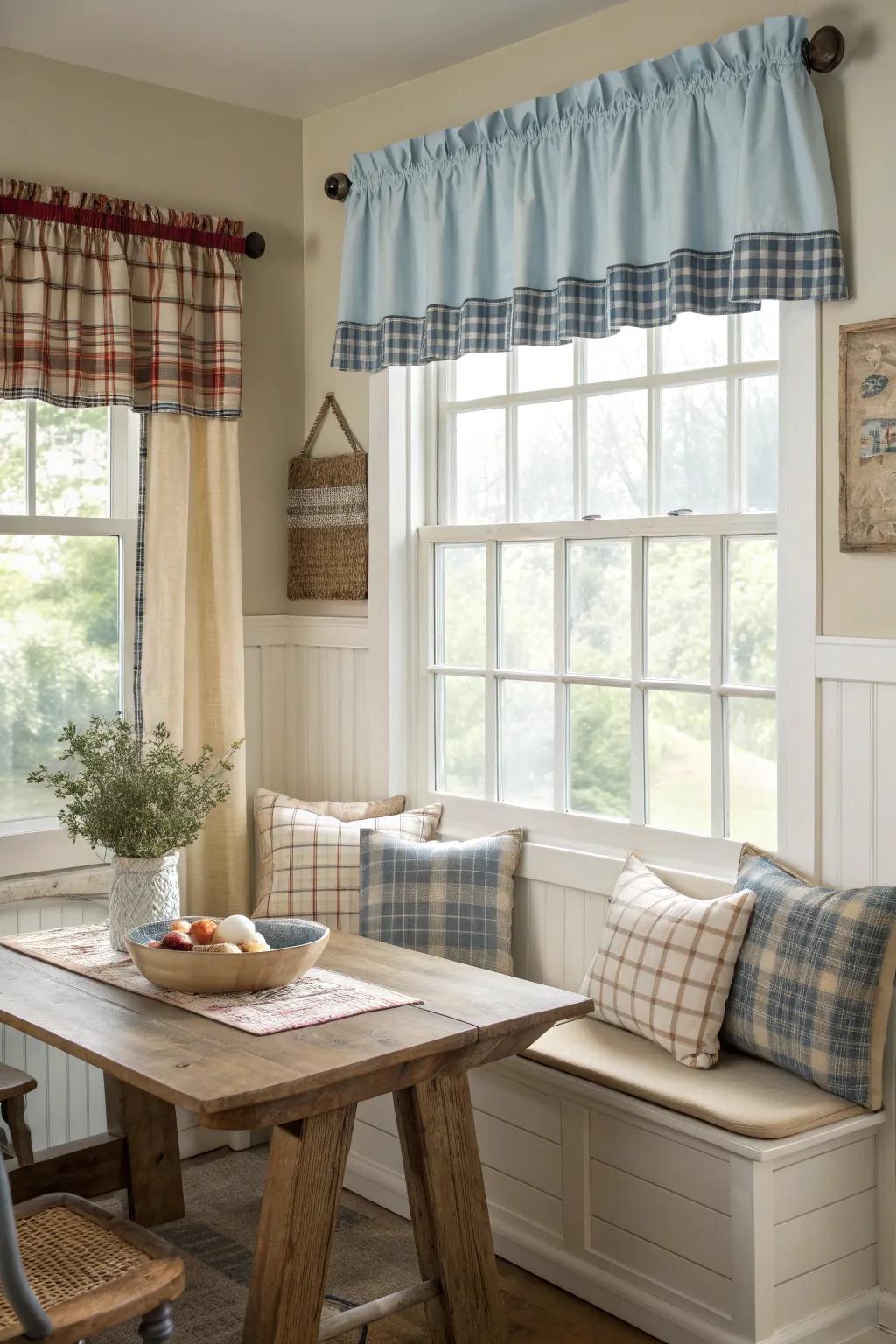 Mixing patterns on valances creates a dynamic, playful look that's rich with personality.