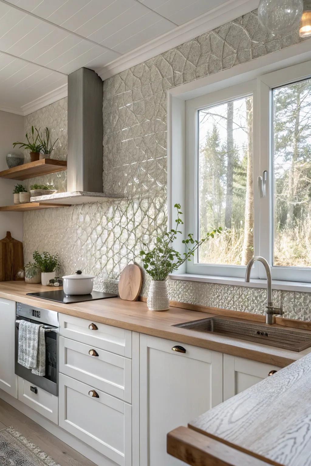 Add a modern twist to your kitchen with a textured glass backsplash that blends elegance with style.
