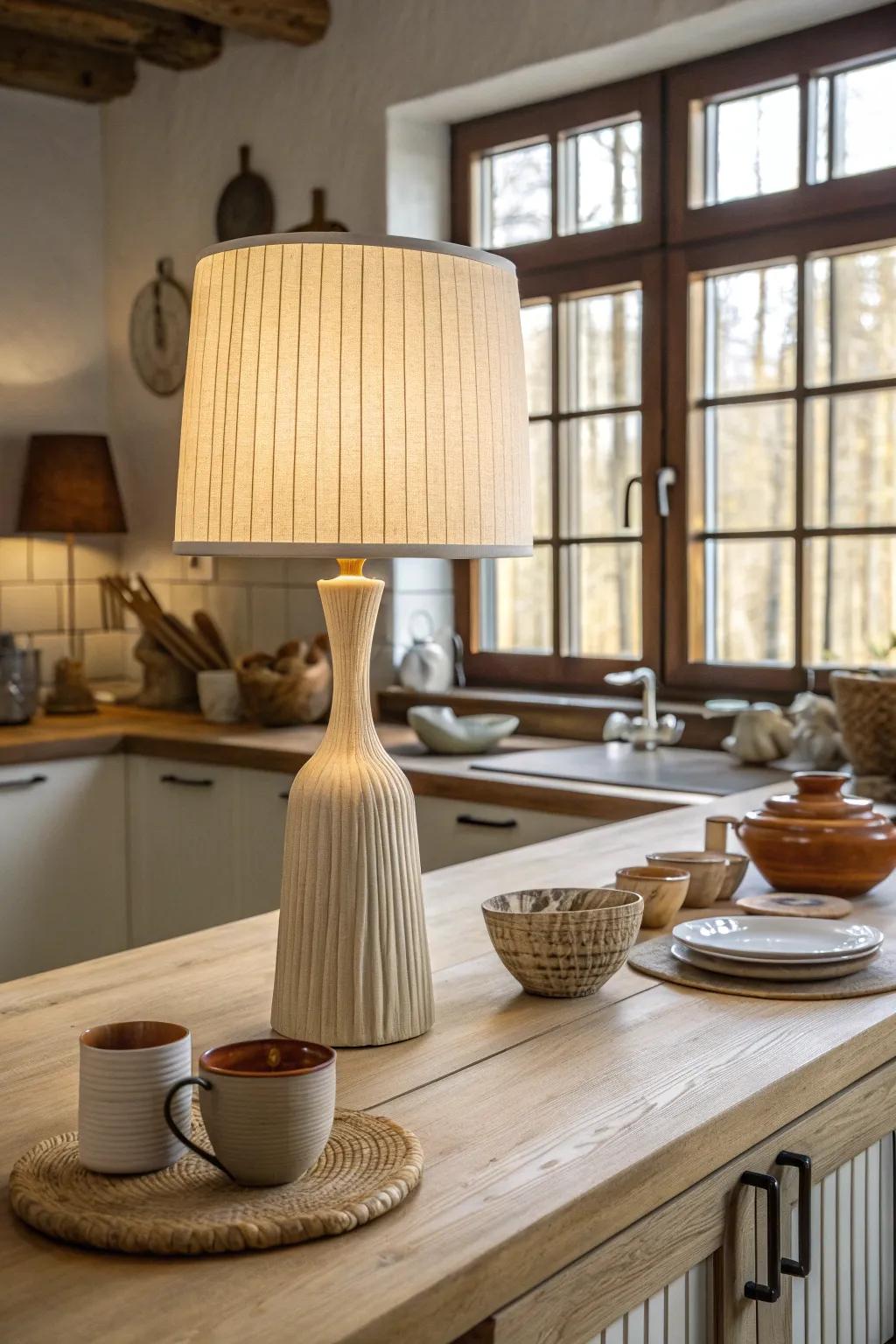 Embrace simplicity with an elegant lamp that quietly enhances your kitchen's beauty.