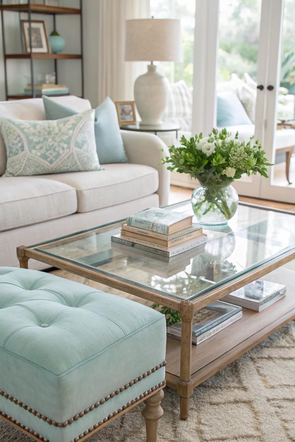 Keep your living room feeling open with a transparent coffee table. ✨ #OpenSpaces #InteriorMagic