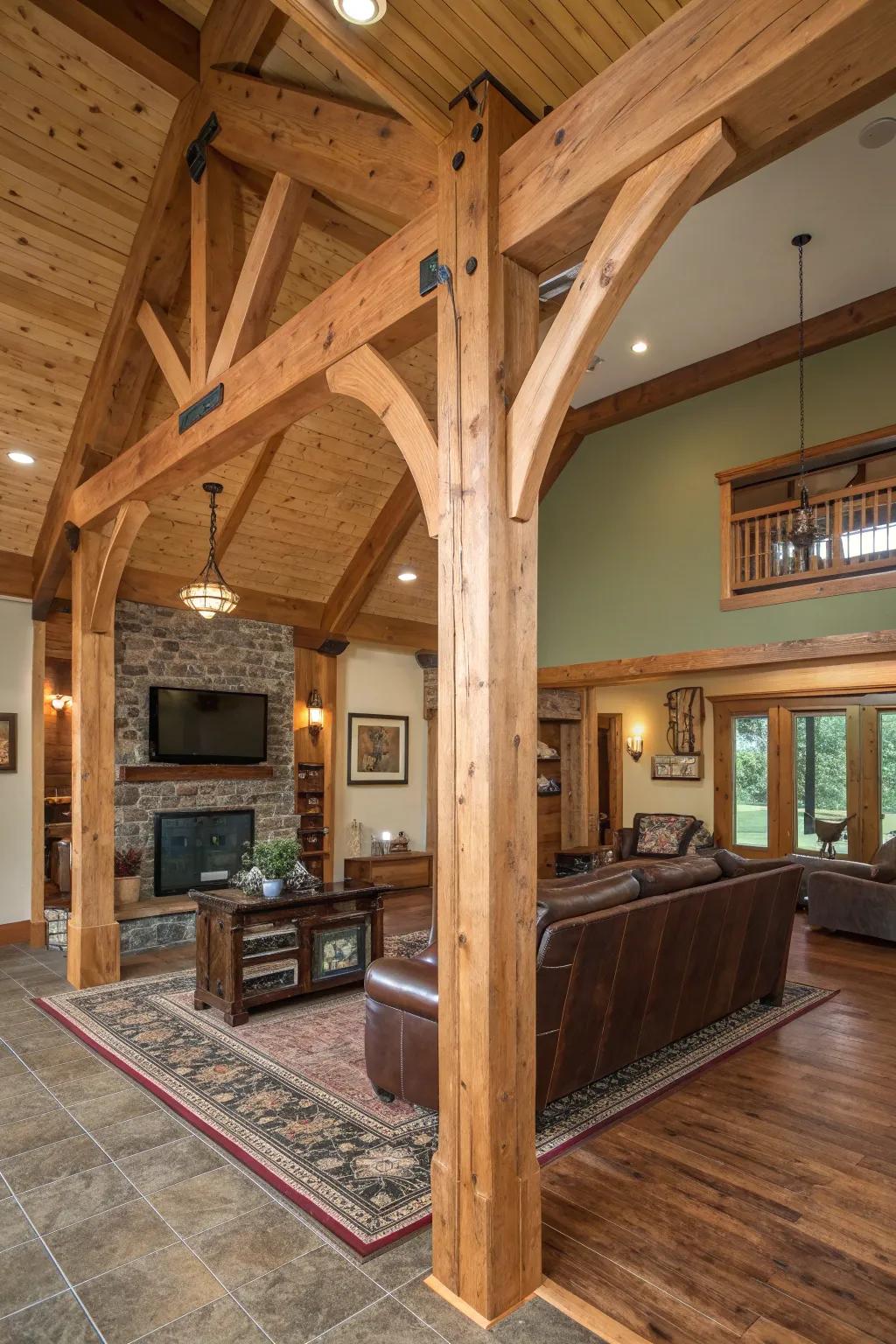 Balance large spaces with thick beams that add warmth and coziness.