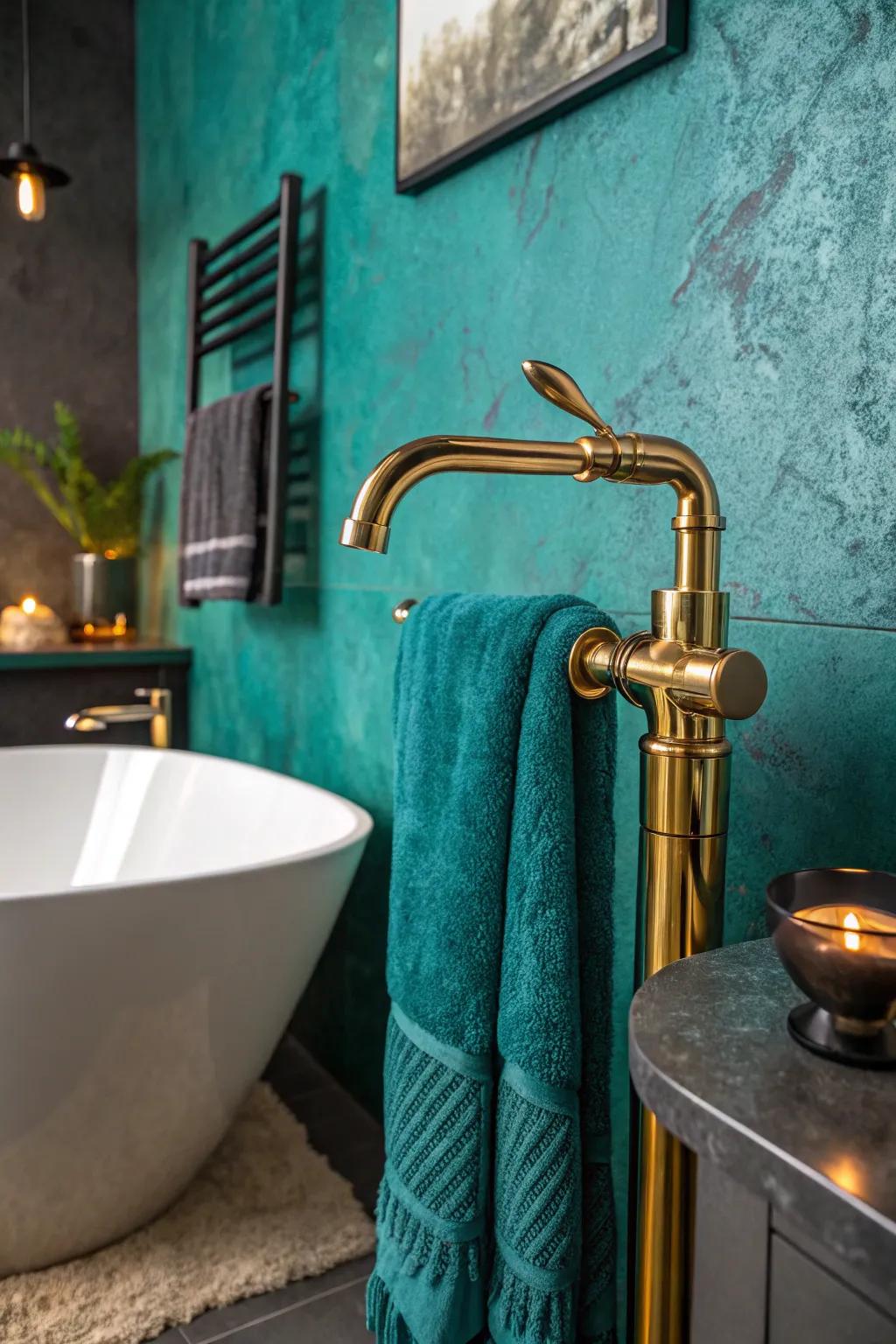 Add a touch of glam to your microcement bathroom with contrasting metallic accents.